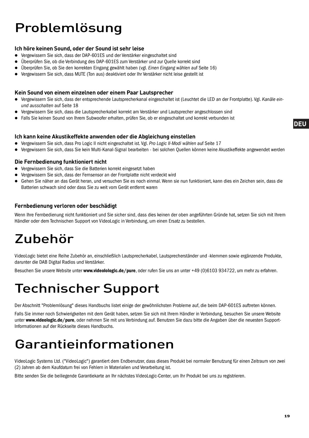 Pure Acoustics DAP-601ES owner manual Problemlösung, Zubehör, Technischer Support, Garantieinformationen 