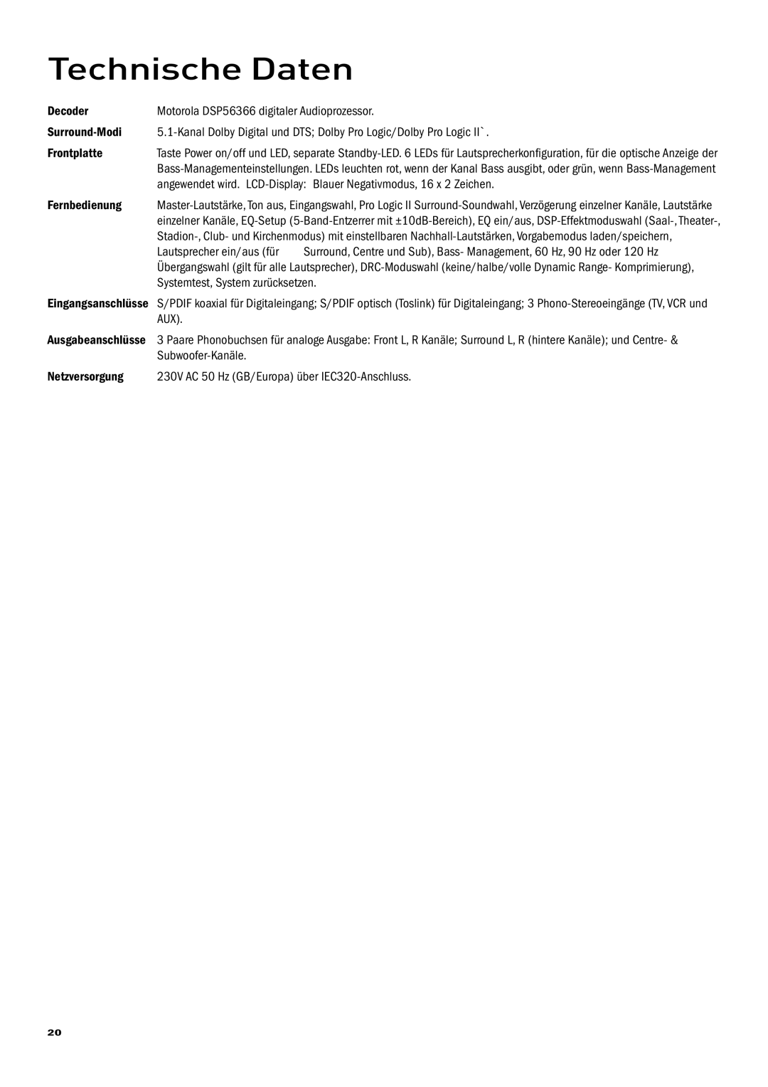 Pure Acoustics DAP-601ES Technische Daten, Fernbedienung, Lautsprecher ein/aus für, Systemtest, System zurücksetzen 