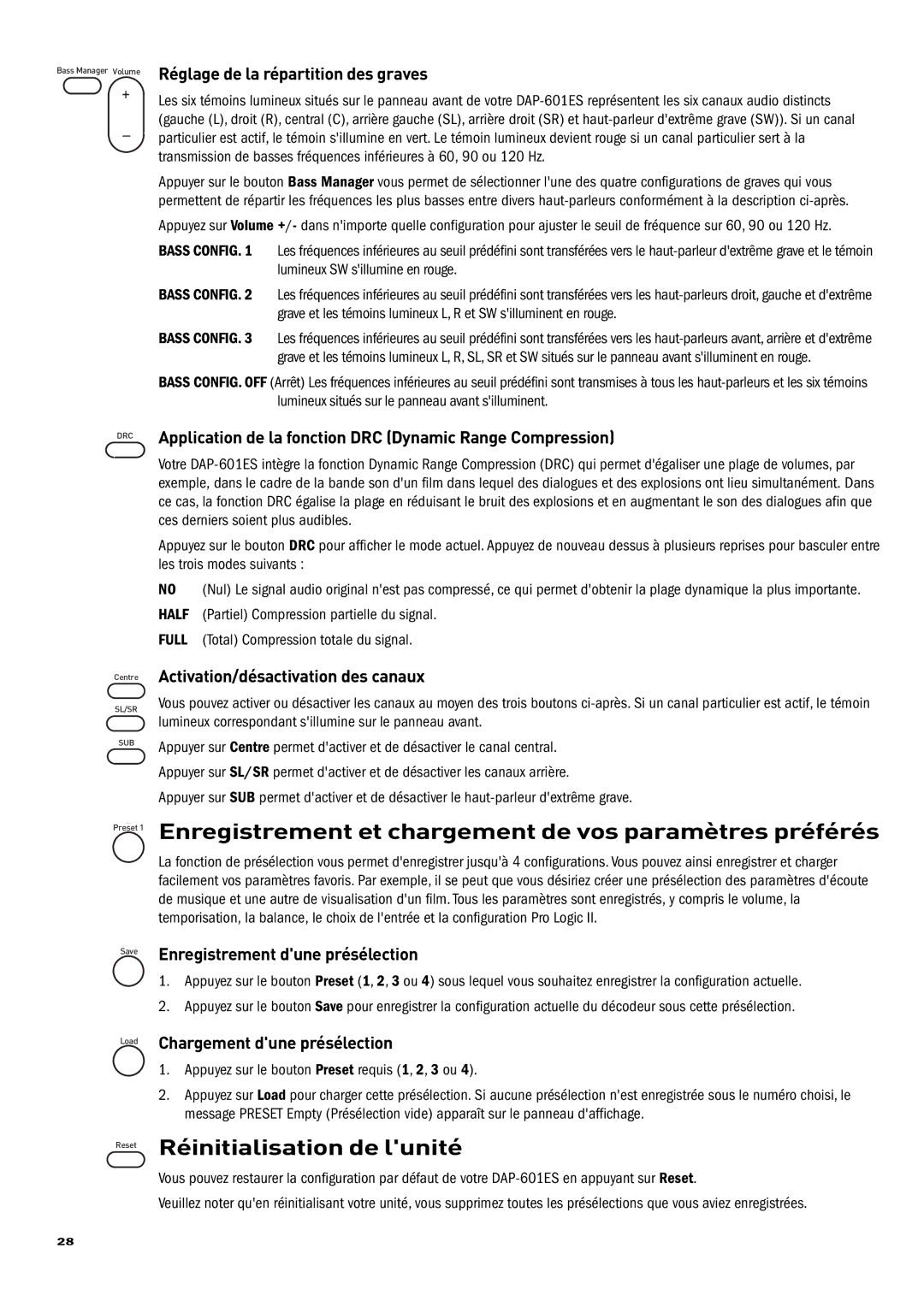 Pure Acoustics DAP-601ES owner manual Enregistrement et chargement de vos paramètres préférés, Réinitialisation de lunité 