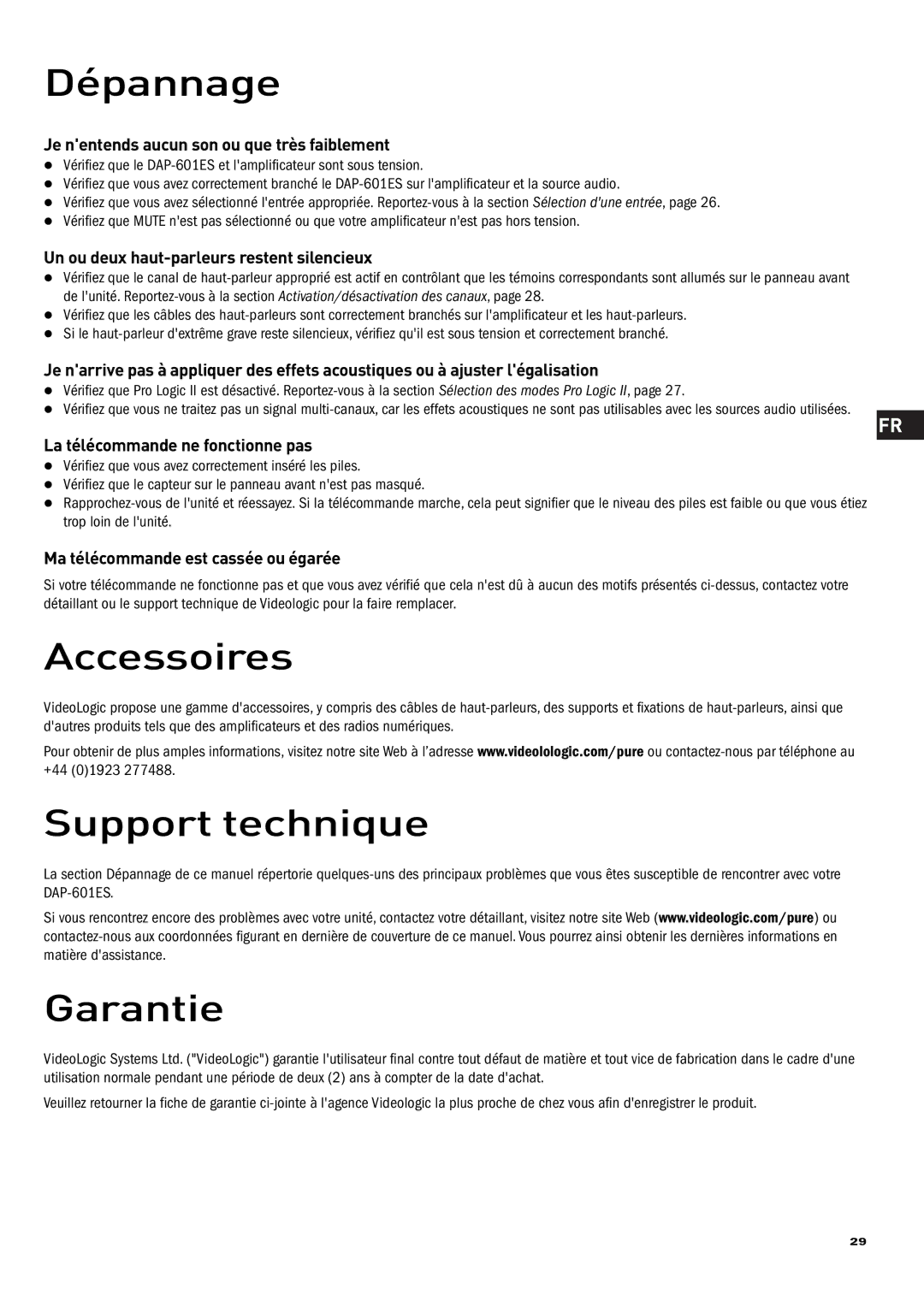 Pure Acoustics DAP-601ES owner manual Dépannage, Accessoires, Support technique, Garantie 