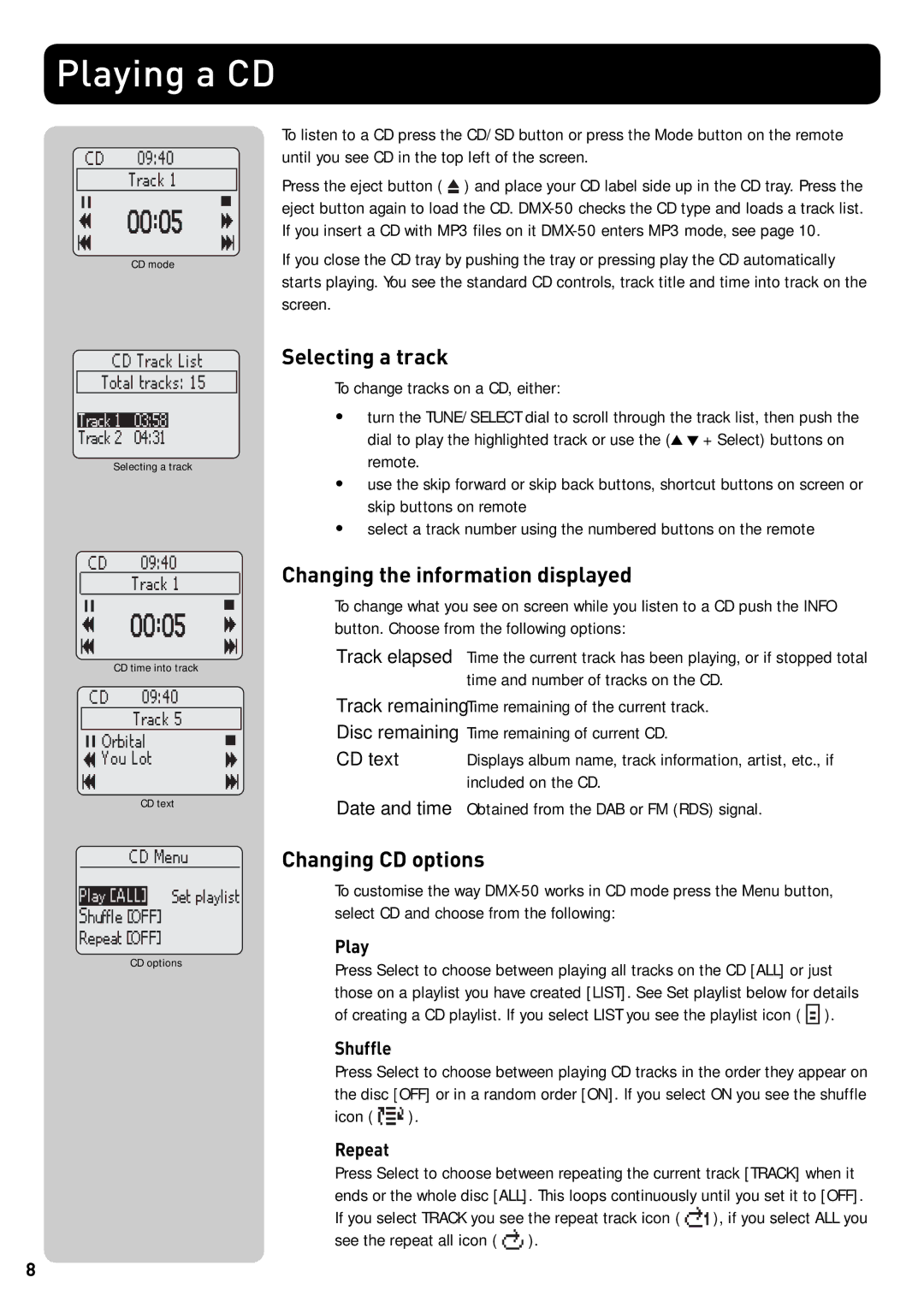 Pure Acoustics DMX-50 owner manual Playing a CD, Selecting a track, Changing CD options 