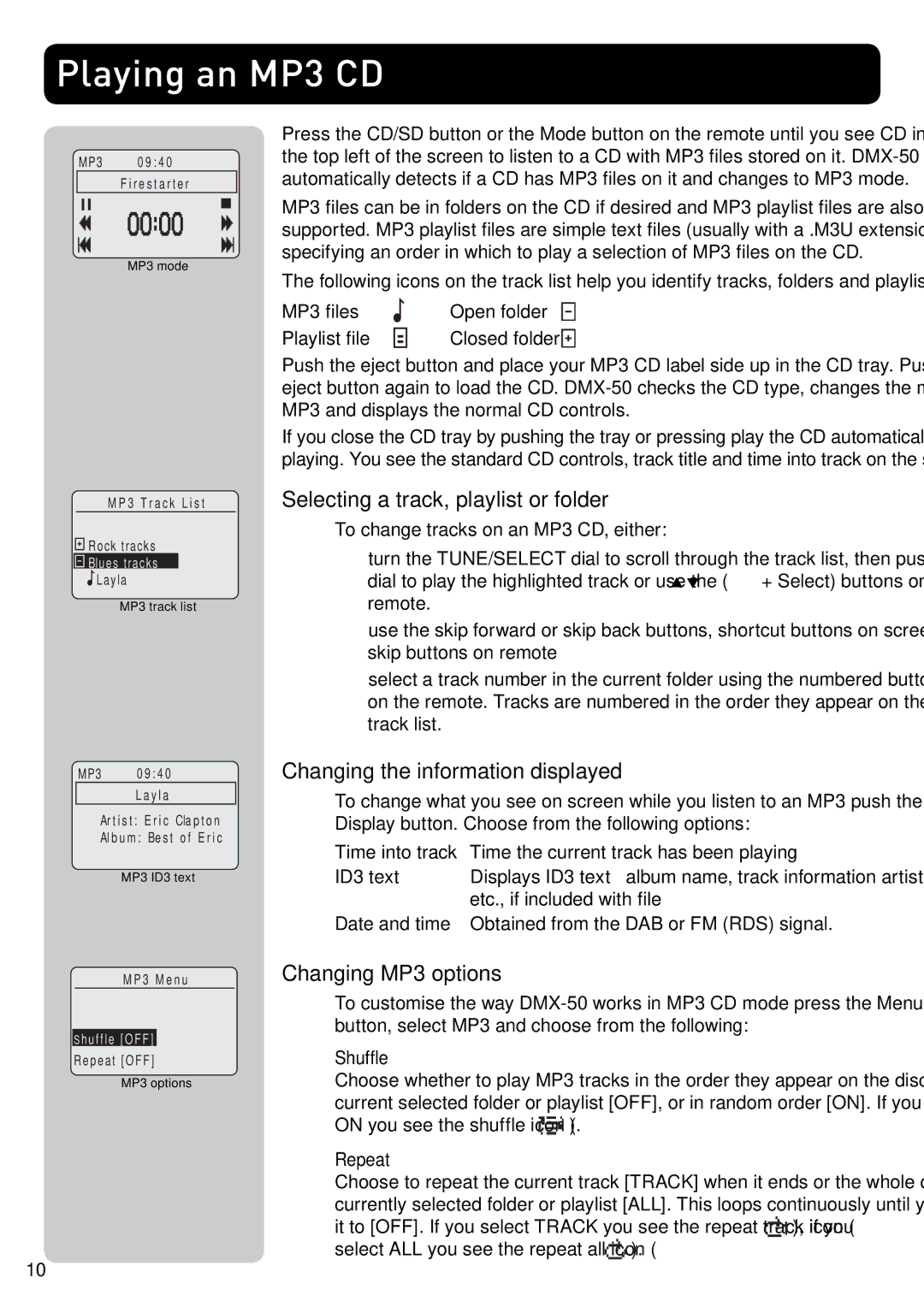 Pure Acoustics DMX-50 owner manual Playing an MP3 CD, Selecting a track, playlist or folder, Changing MP3 options 