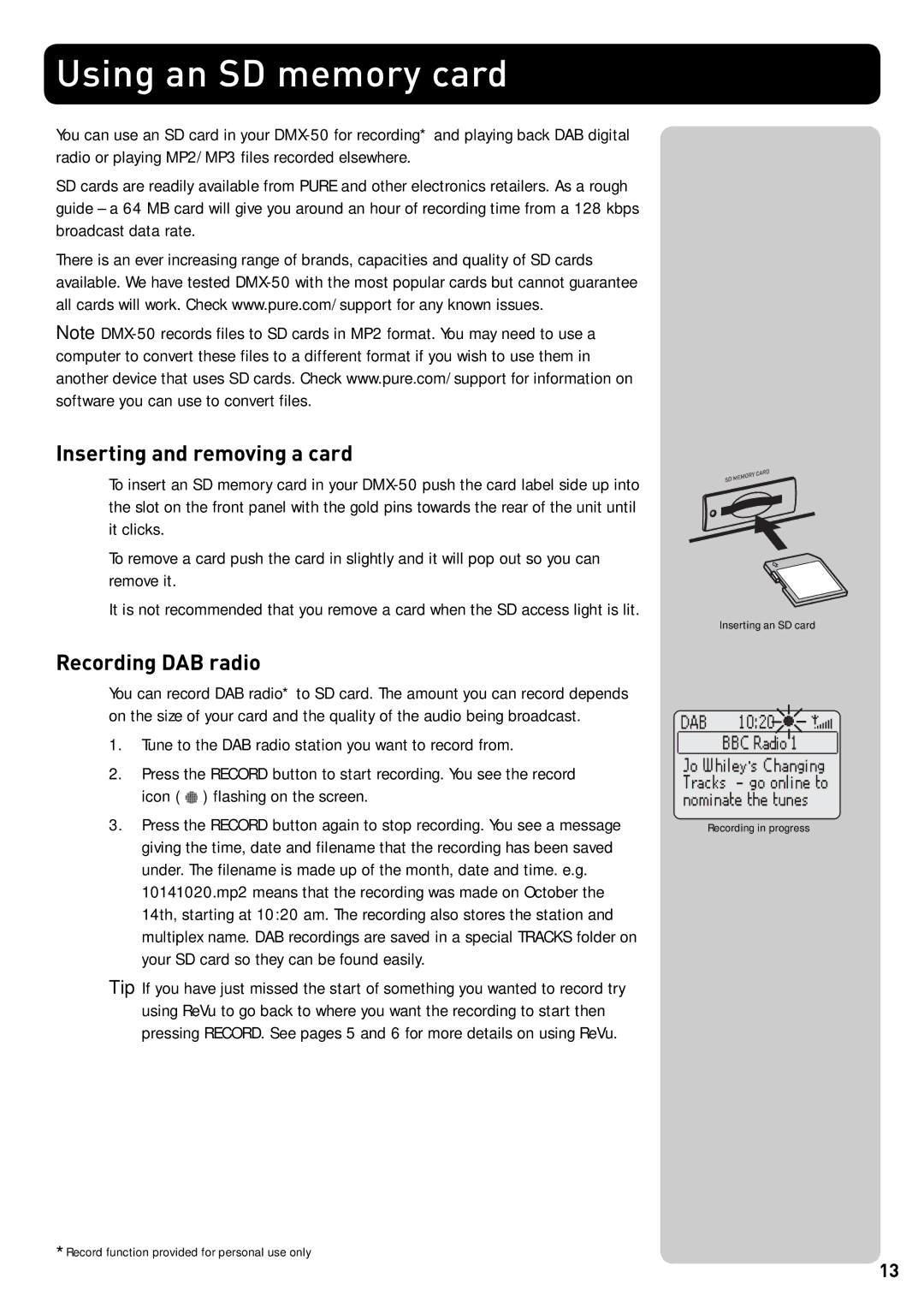 Pure Acoustics DMX-50 owner manual Using an SD memory card, Inserting and removing a card, Recording DAB radio 