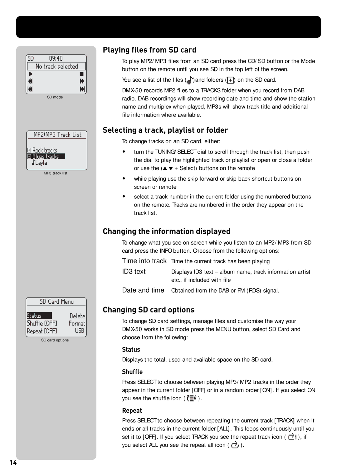 Pure Acoustics DMX-50 owner manual Playing files from SD card, Changing SD card options, Status 