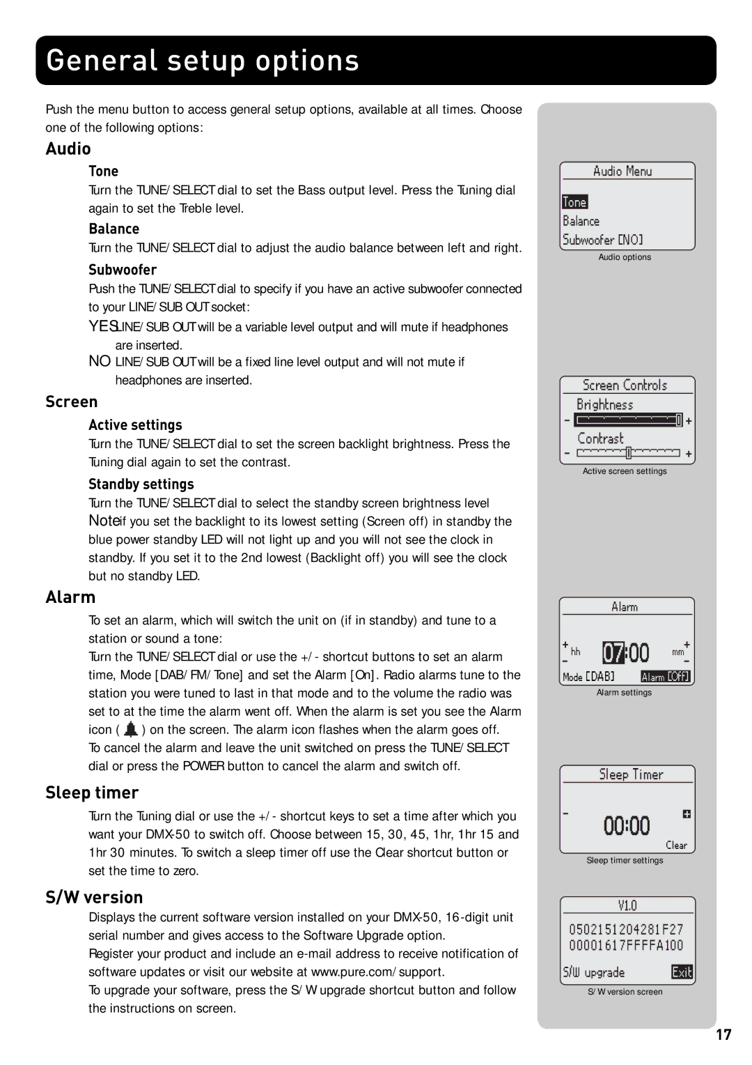 Pure Acoustics DMX-50 owner manual General setup options, Audio, Alarm, Sleep timer, Version 