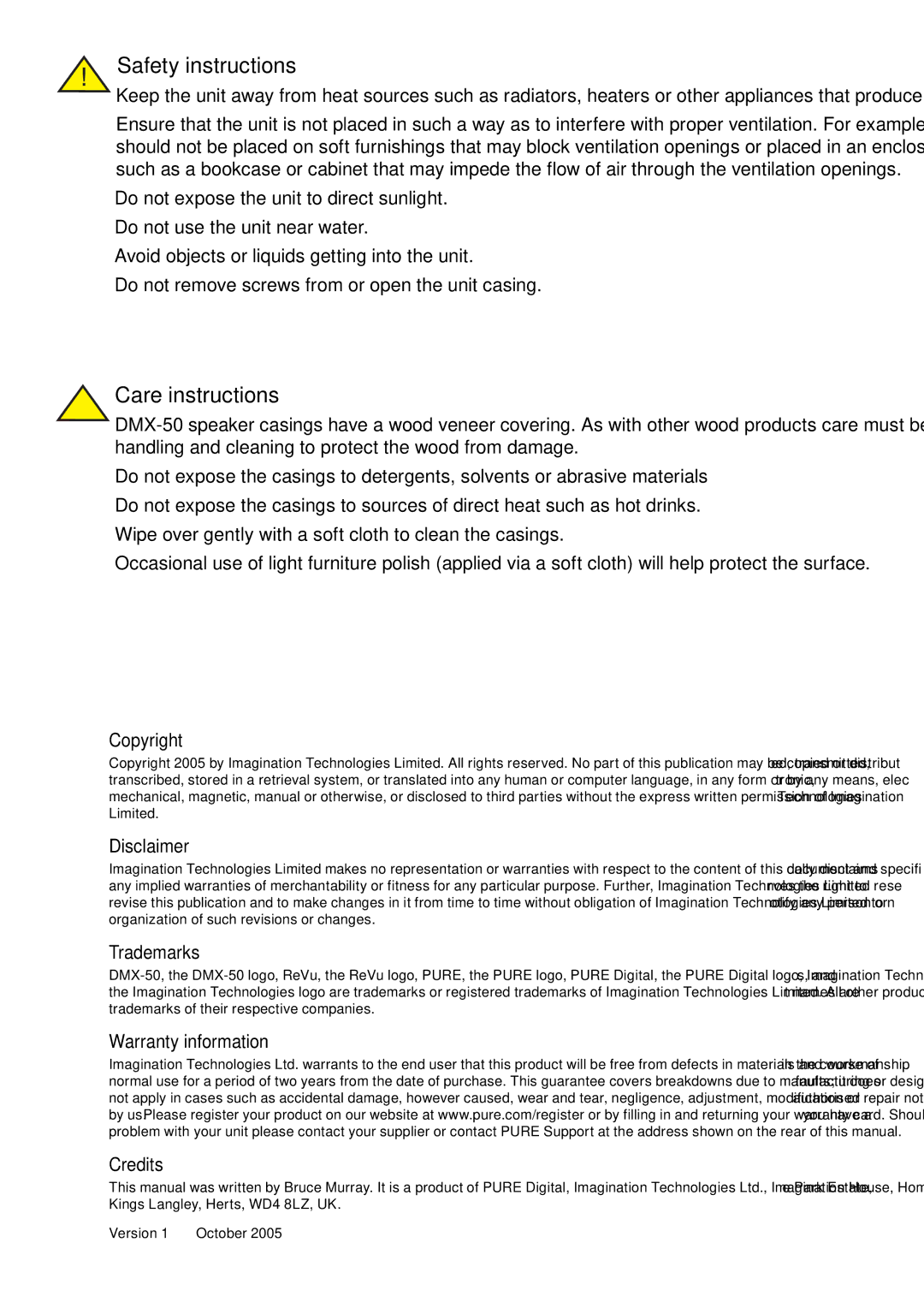 Pure Acoustics DMX-50 owner manual Safety instructions, Care instructions 