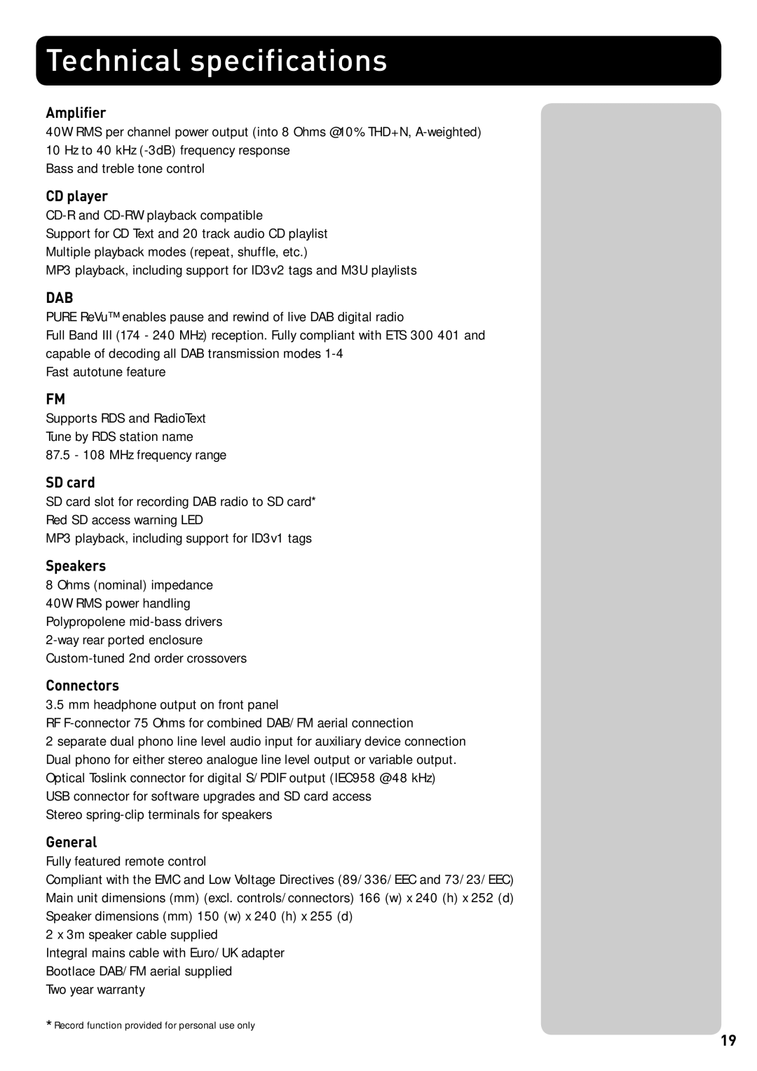 Pure Acoustics DMX-50 owner manual Technical specifications 