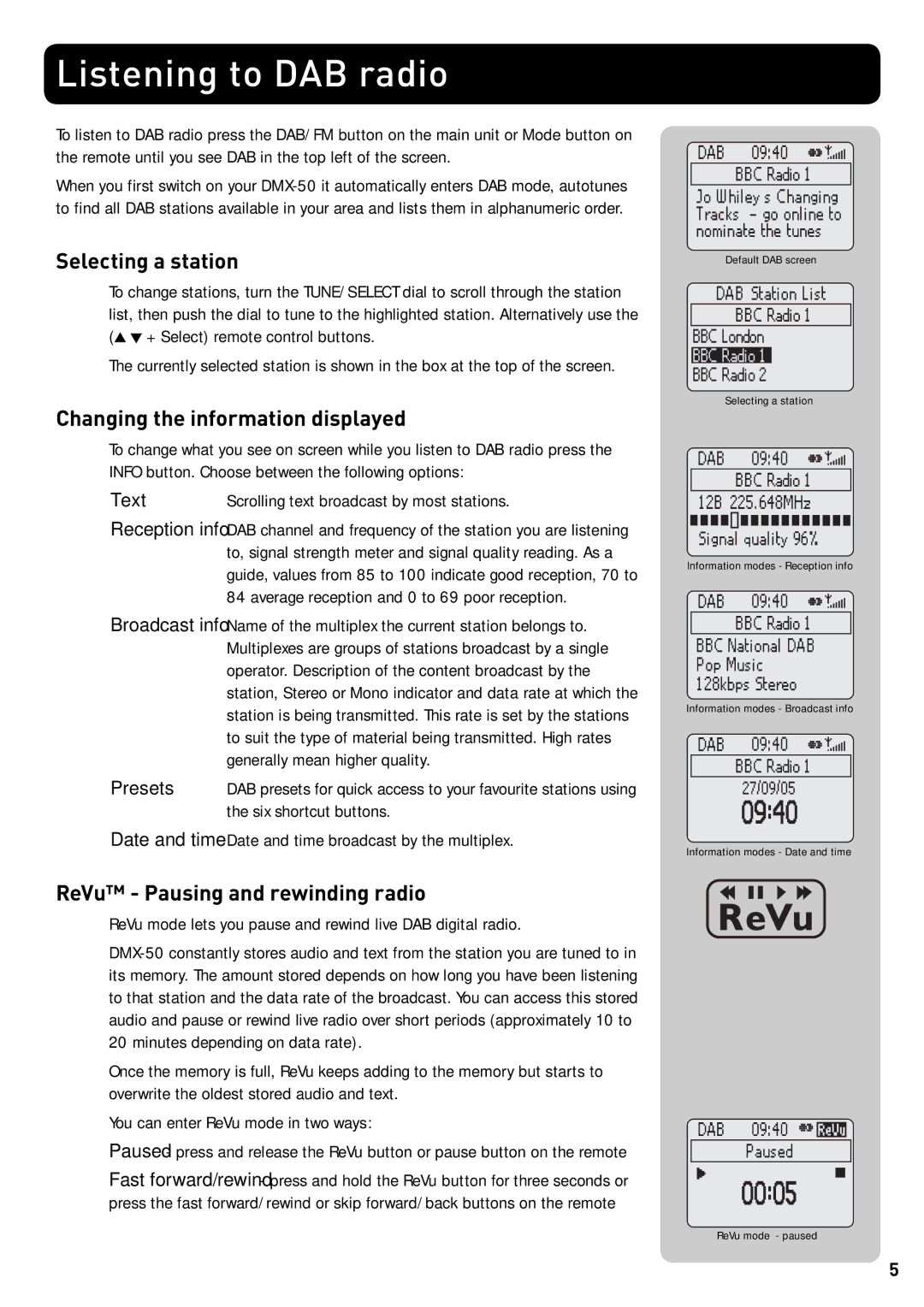 Pure Acoustics DMX-50 owner manual Listening to DAB radio, Selecting a station, Changing the information displayed 