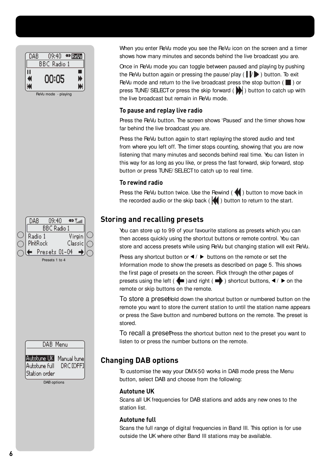 Pure Acoustics DMX-50 owner manual Storing and recalling presets, Changing DAB options 