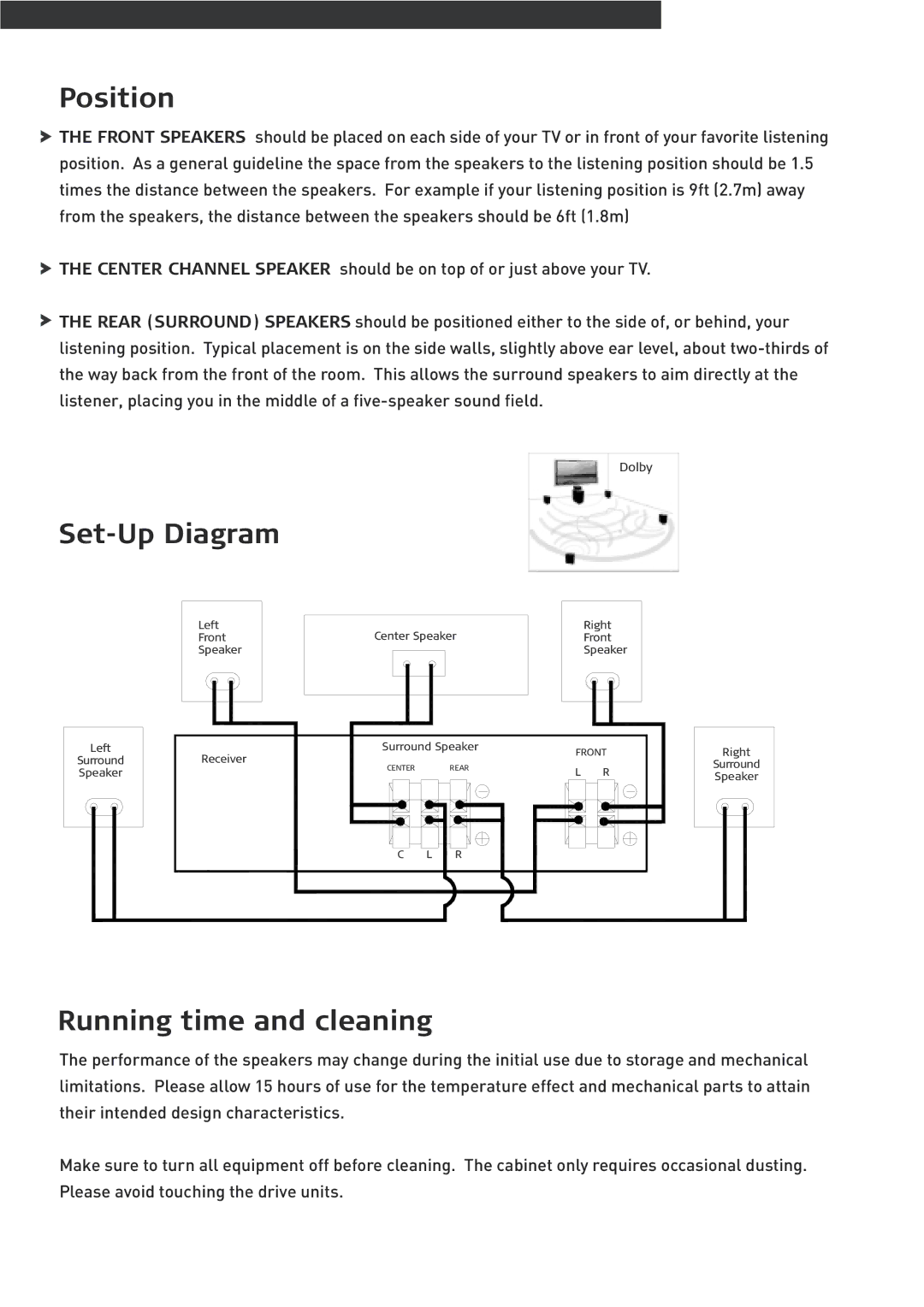 Pure Acoustics QX900S, QX550, QX900F, QX900C owner manual Position, Set-Up Diagram, Running time and cleaning 