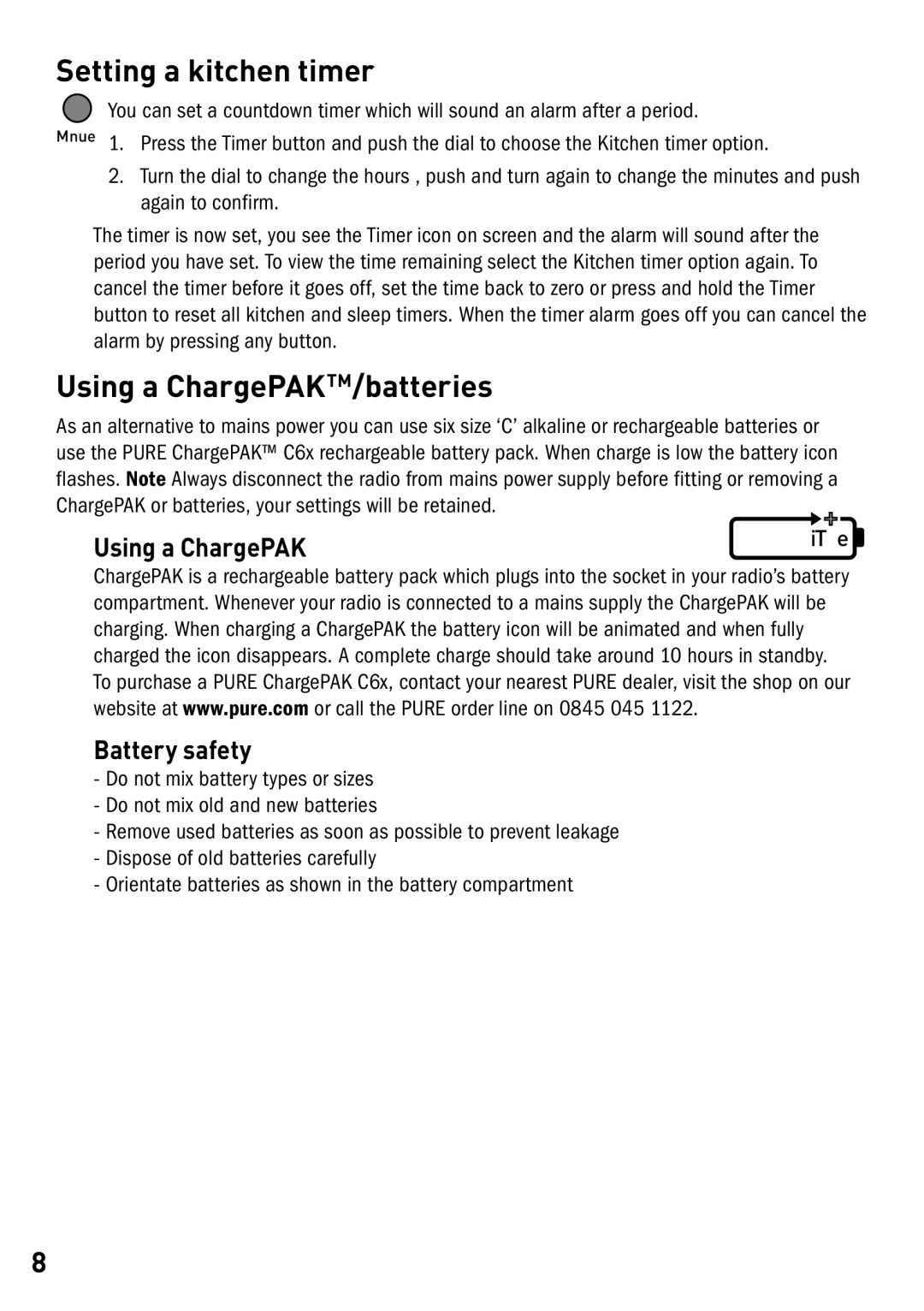 Pure Acoustics Radio owner manual Setting a kitchen timer, Using a ChargePAKTM/batteries 