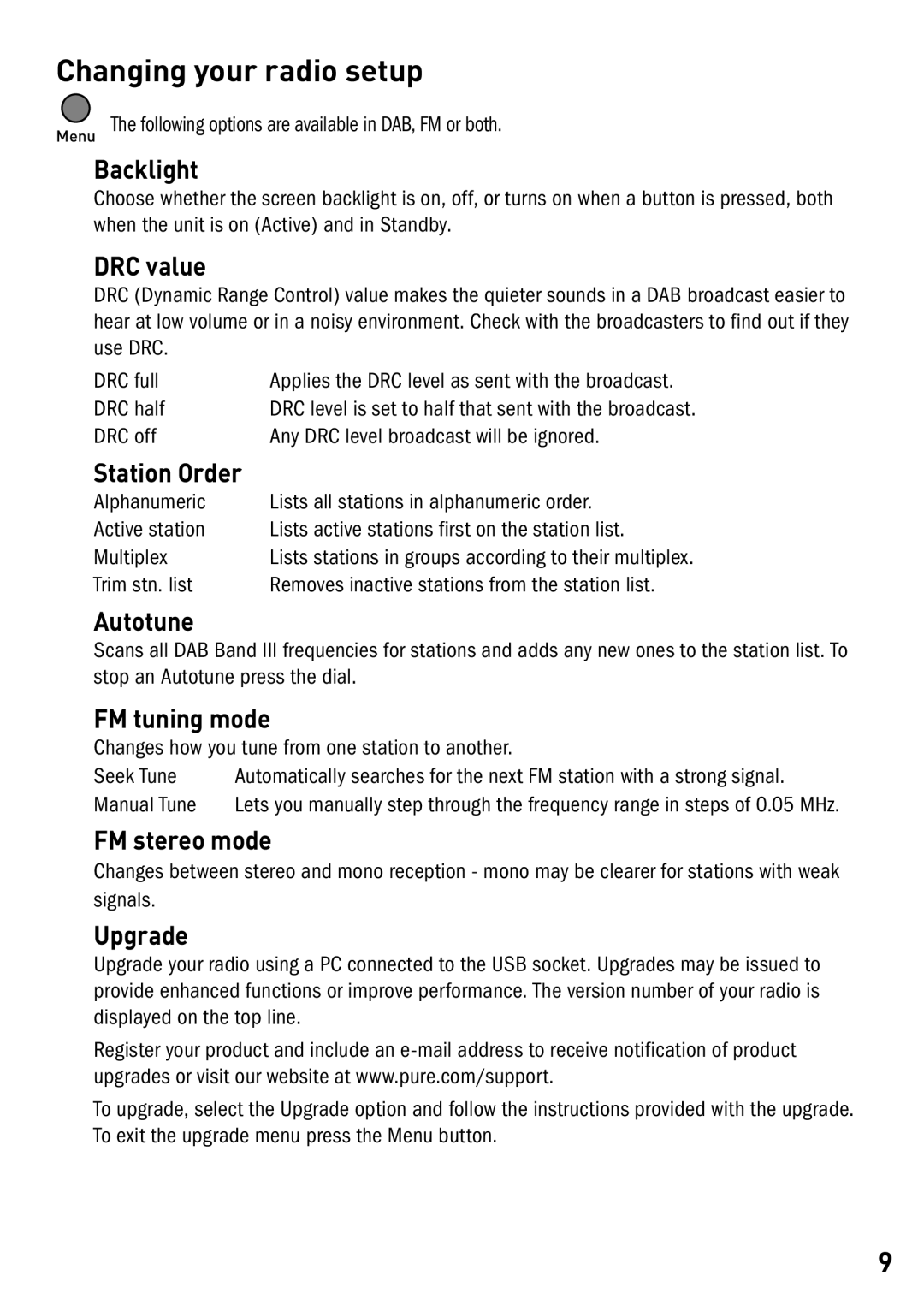 Pure Acoustics Radio owner manual Changing your radio setup, Backlight 