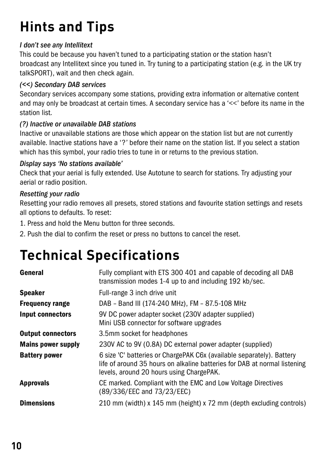 Pure Acoustics Radio owner manual Hints and Tips, Technical Specifications 