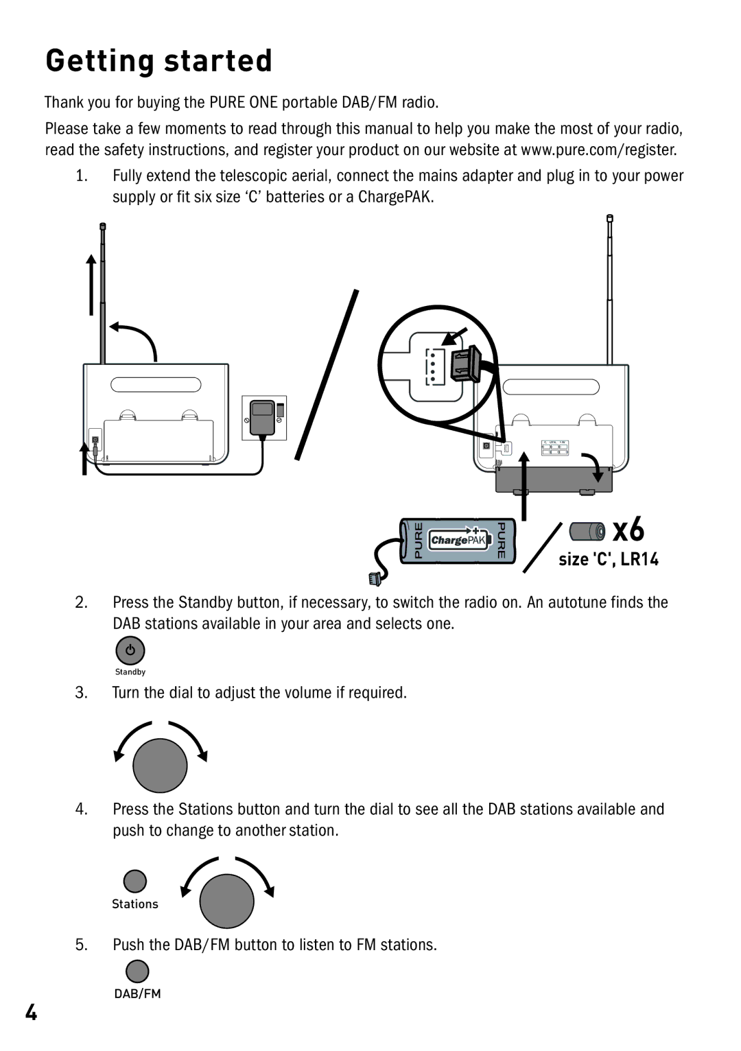 Pure Acoustics Radio owner manual Getting started, Size C, LR14 