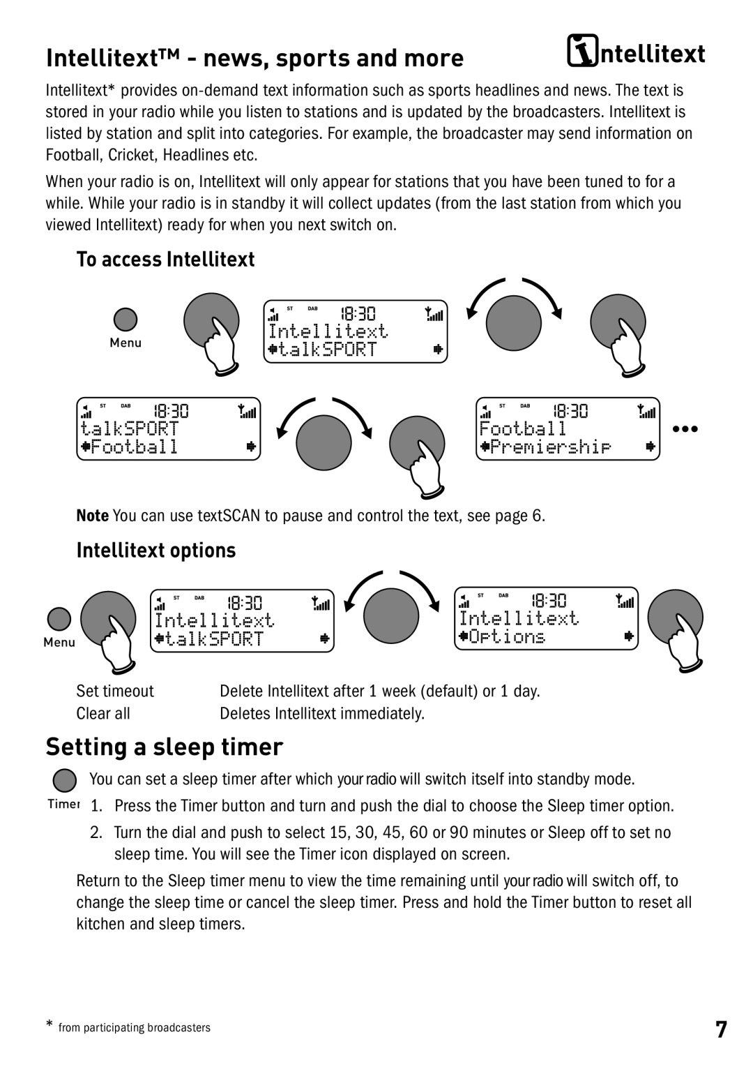 Pure Acoustics Radio owner manual Intellitext news, sports and more, Setting a sleep timer 