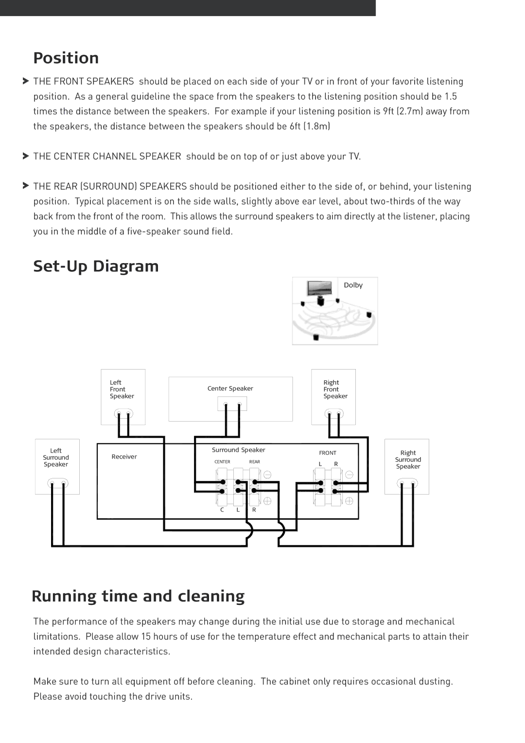 Pure Acoustics XTI100 owner manual Position, Set-Up Diagram, Running time and cleaning 