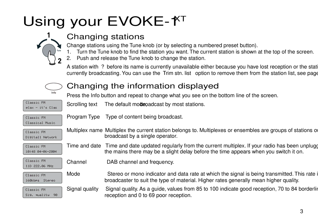 Pure Digital manual Using your EVOKE-1XT, Changing stations, Changing the information displayed 