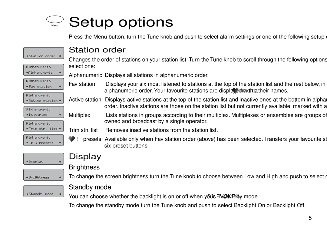 Pure Digital 1XT manual Setup options, Station order, Display 