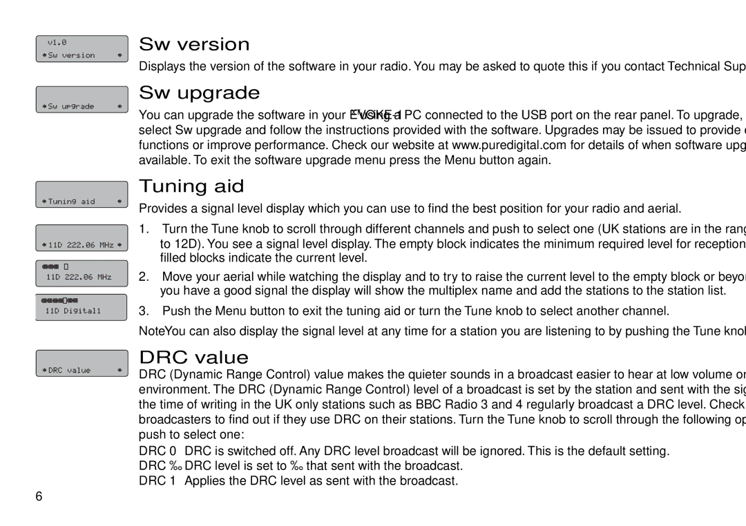 Pure Digital 1XT manual Sw version, Sw upgrade Tuning aid, DRC value 