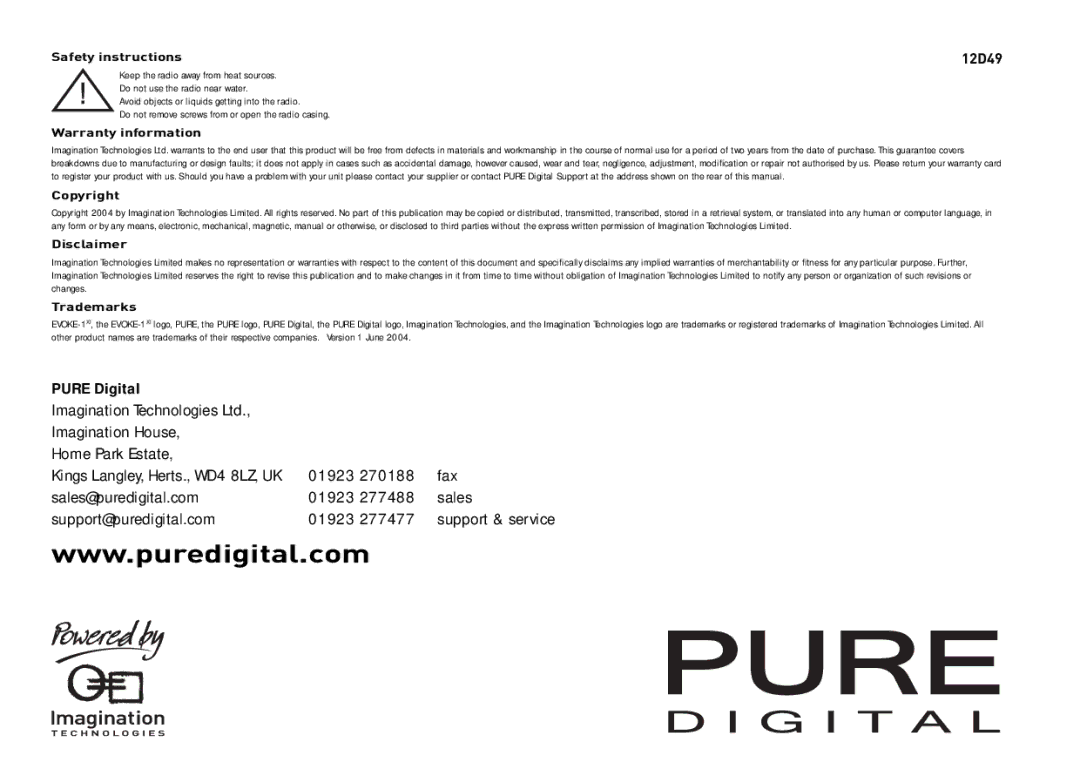 Pure Digital 1XT manual Pure Digital Imagination House Home Park Estate, Fax Sales@puredigital.com Support@puredigital.com 