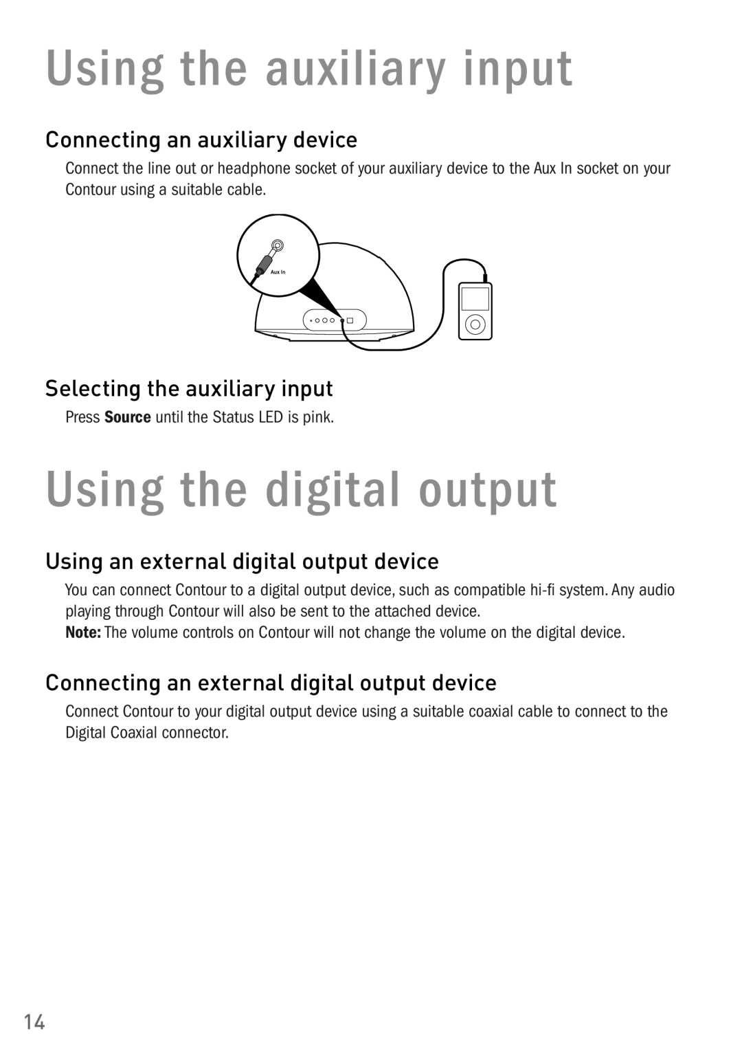 Pure Digital 200i owner manual Using the auxiliary input, Using the digital output 