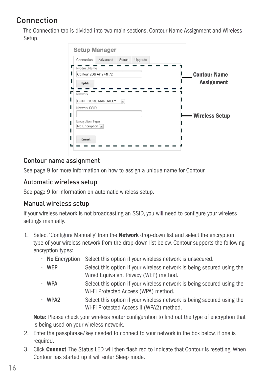 Pure Digital 200i owner manual Connection, Contour name assignment, Automatic wireless setup, Manual wireless setup 