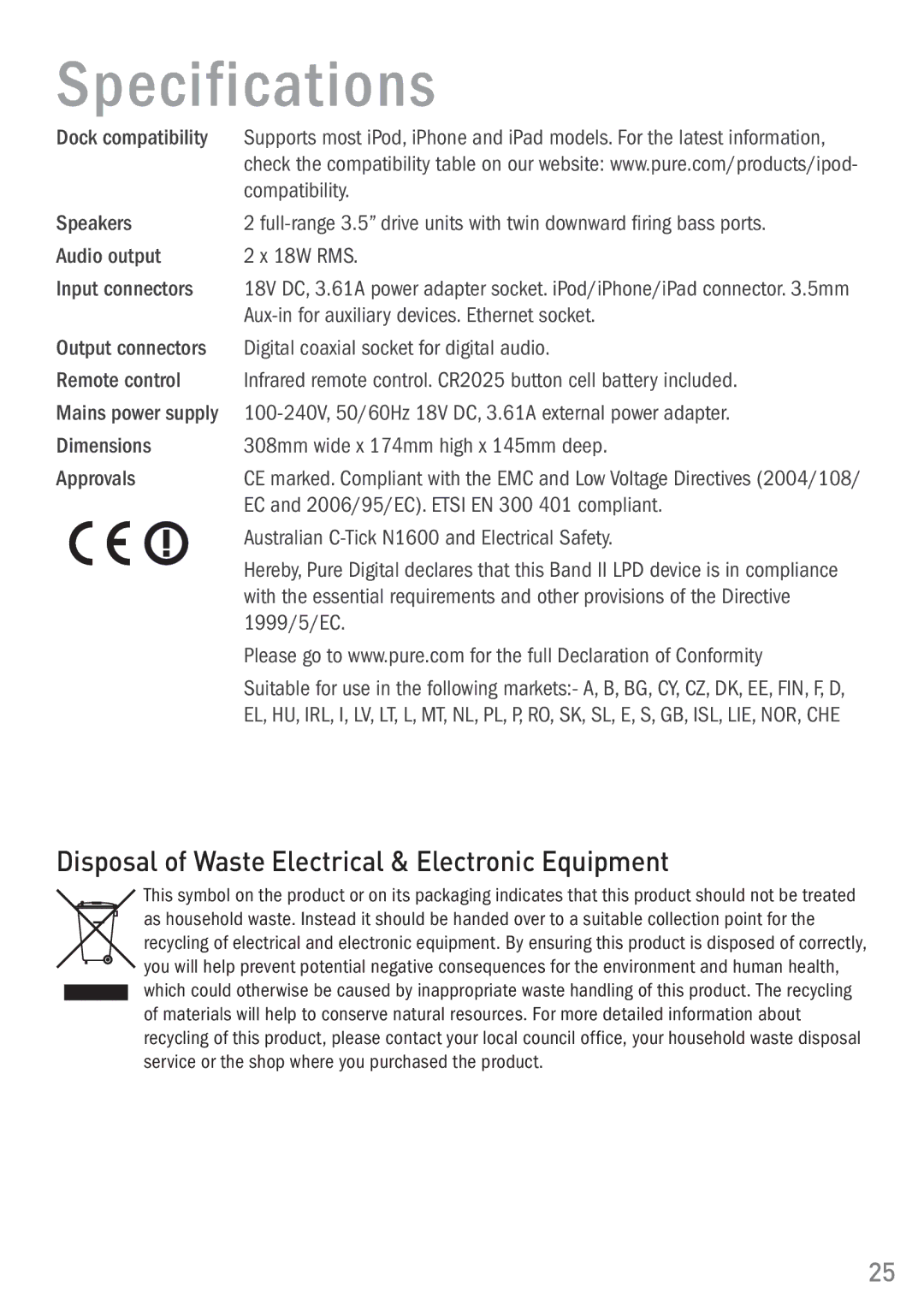 Pure Digital 200i owner manual Specifications, Disposal of Waste Electrical & Electronic Equipment 