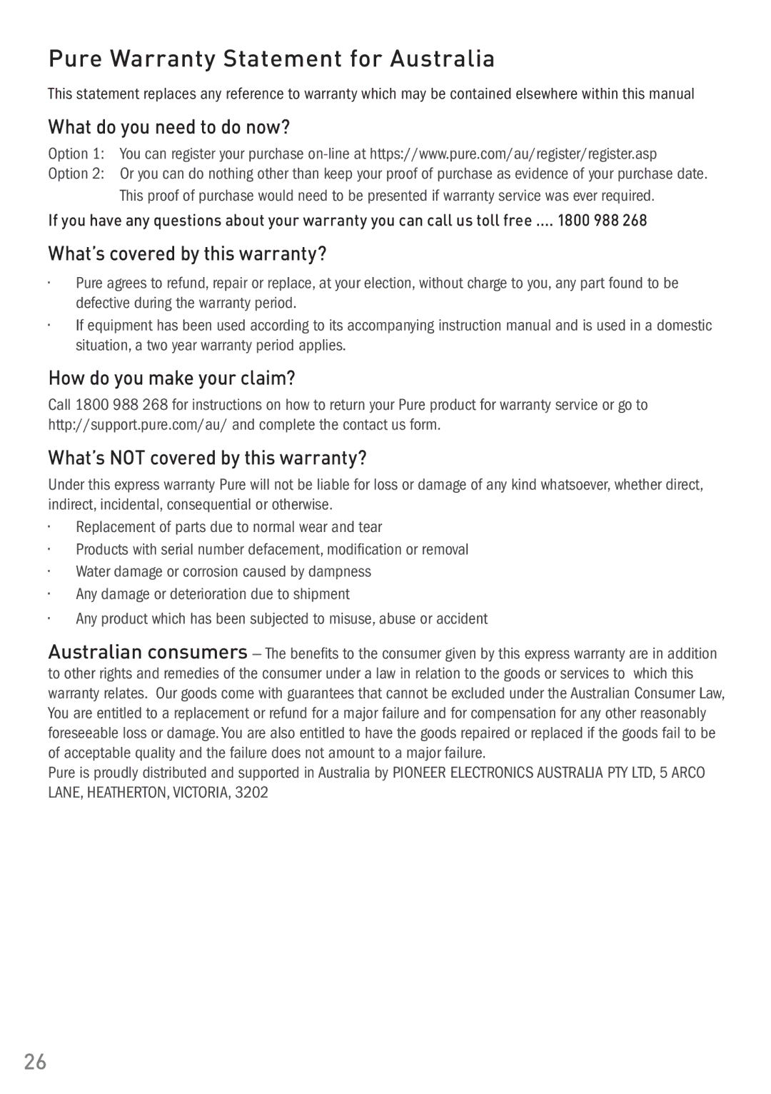 Pure Digital 200i Pure Warranty Statement for Australia, What do you need to do now?, What’s covered by this warranty? 