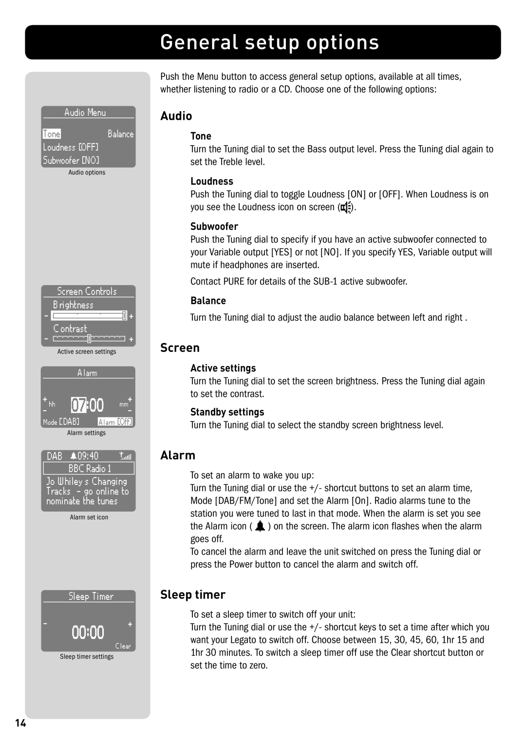 Pure Digital CD-40 owner manual General setup options, Audio, Screen, Alarm, Sleep timer 