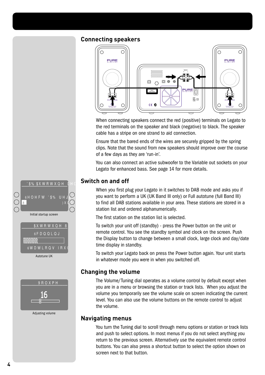 Pure Digital CD-40 owner manual Connecting speakers, Switch on and off, Changing the volume, Navigating menus 