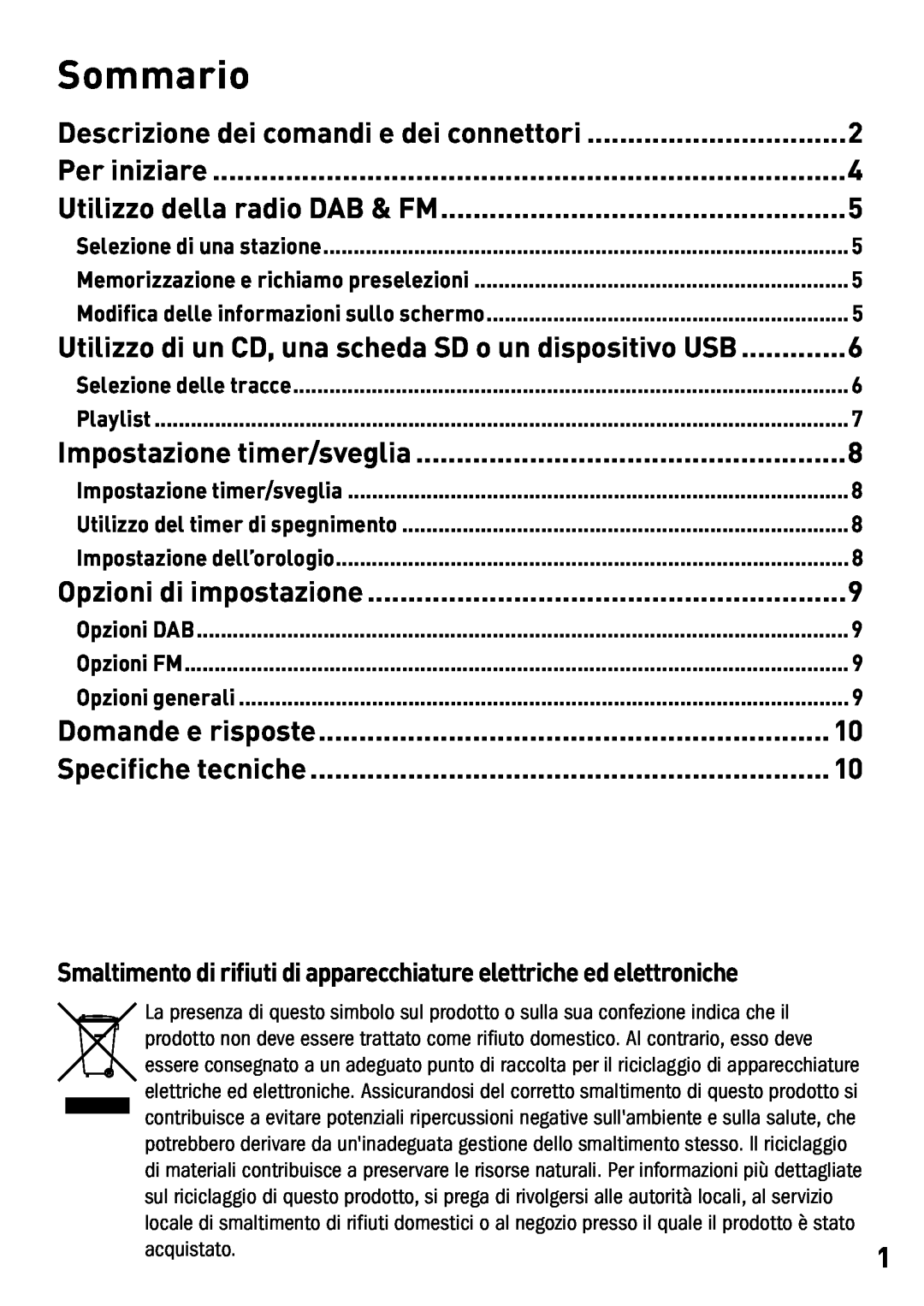 Pure Digital DMX-25 manual Sommario, Descrizione dei comandi e dei connettori, Per iniziare, Utilizzo della radio DAB & FM 