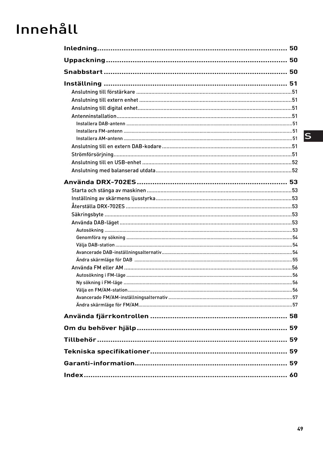 Pure Digital owner manual Innehåll, Inledning Uppackning Snabbstart Inställning, Använda DRX-702ES 