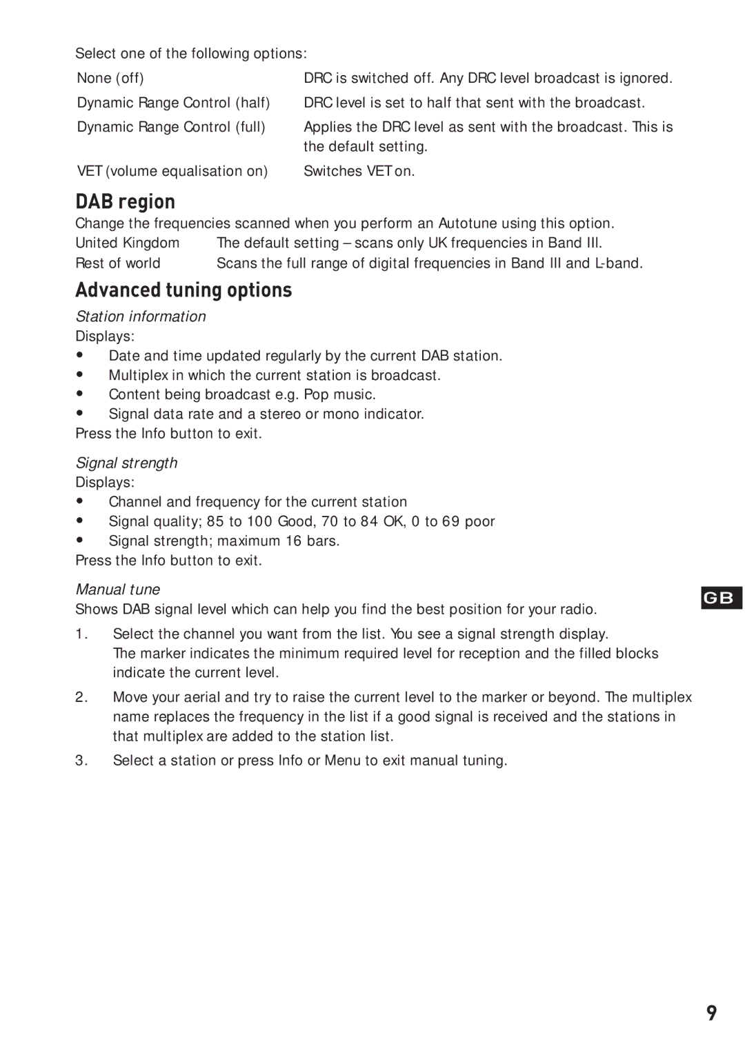 Pure Digital EVOKE-3 owner manual DAB region, Advanced tuning options 