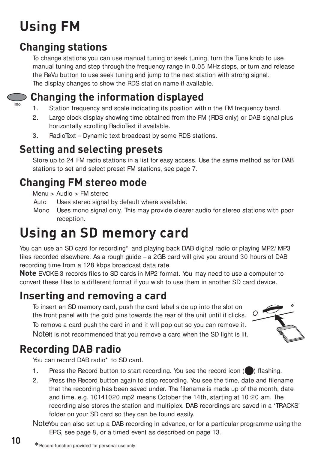 Pure Digital EVOKE-3 owner manual Using FM, Using an SD memory card, Changing FM stereo mode, Inserting and removing a card 