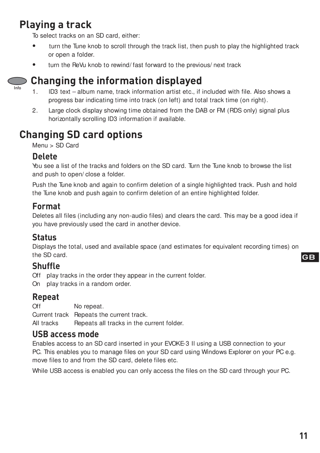 Pure Digital EVOKE-3 owner manual Playing a track, Changing SD card options 