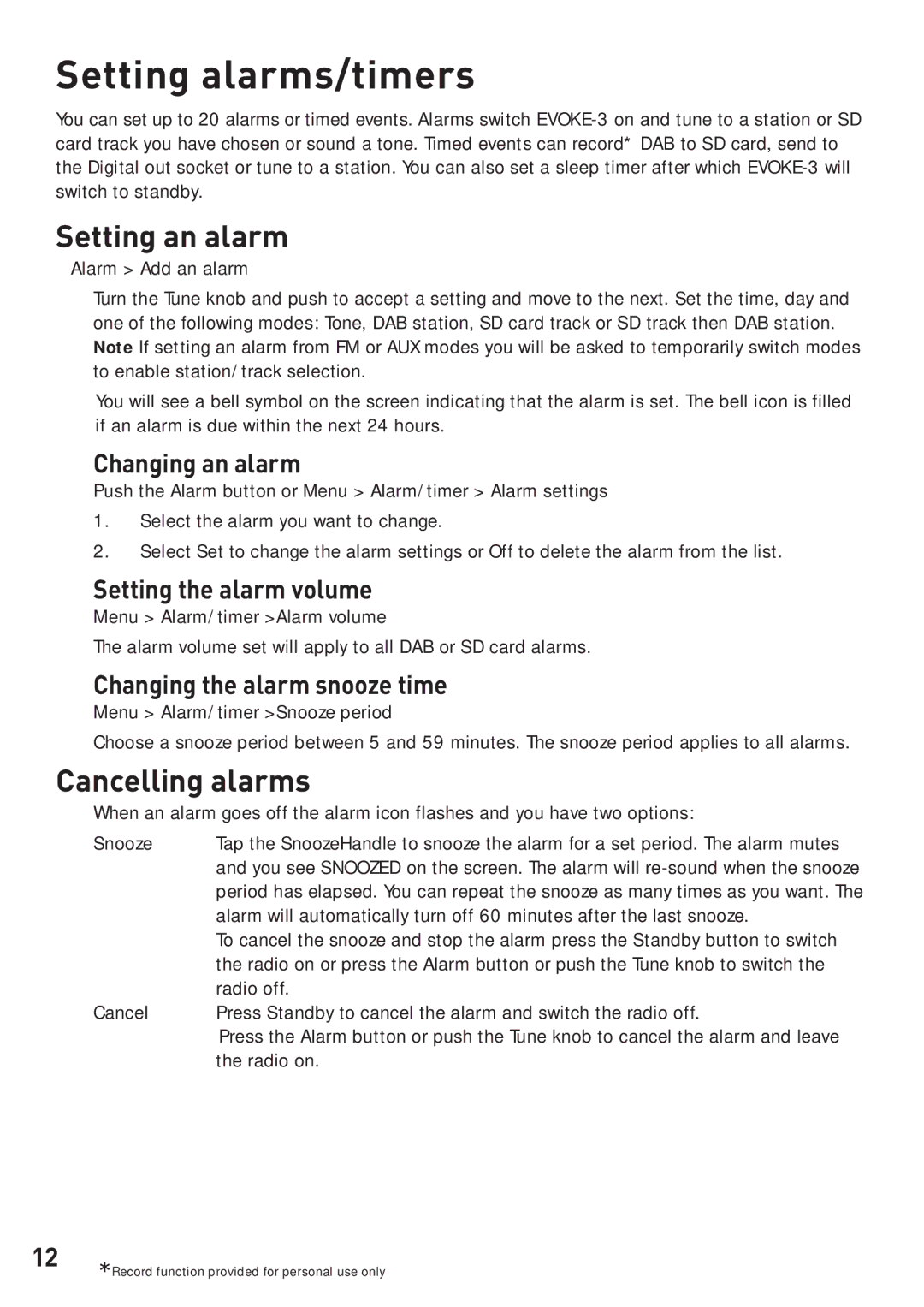 Pure Digital EVOKE-3 owner manual Setting alarms/timers, Setting an alarm, Cancelling alarms 