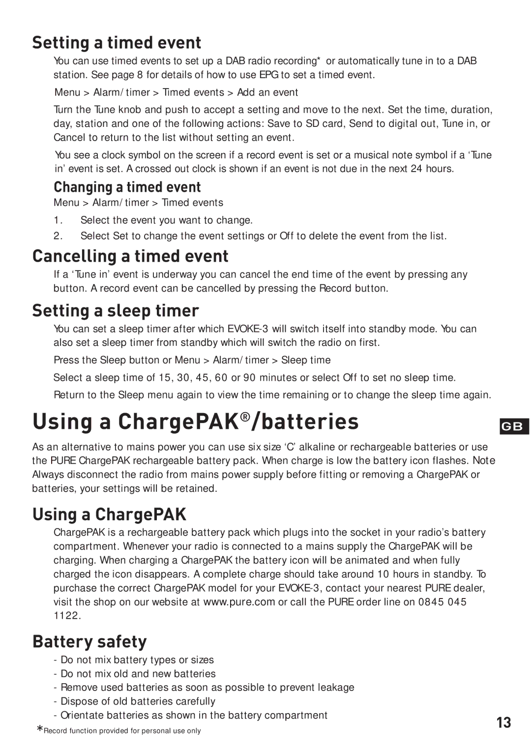 Pure Digital EVOKE-3 Using a ChargePAK/batteries, Setting a timed event, Cancelling a timed event, Setting a sleep timer 