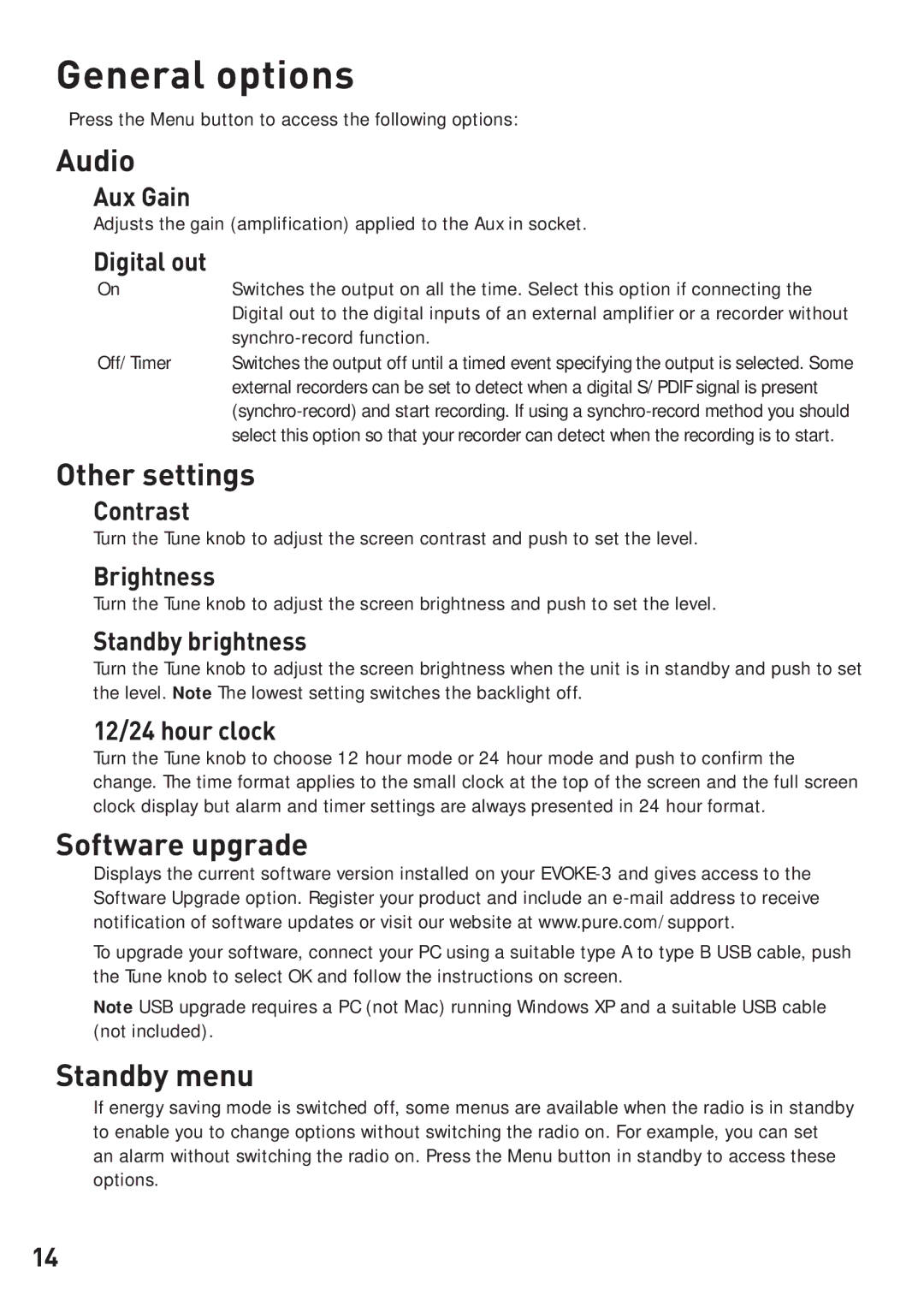 Pure Digital EVOKE-3 owner manual General options, Audio, Other settings, Software upgrade, Standby menu 