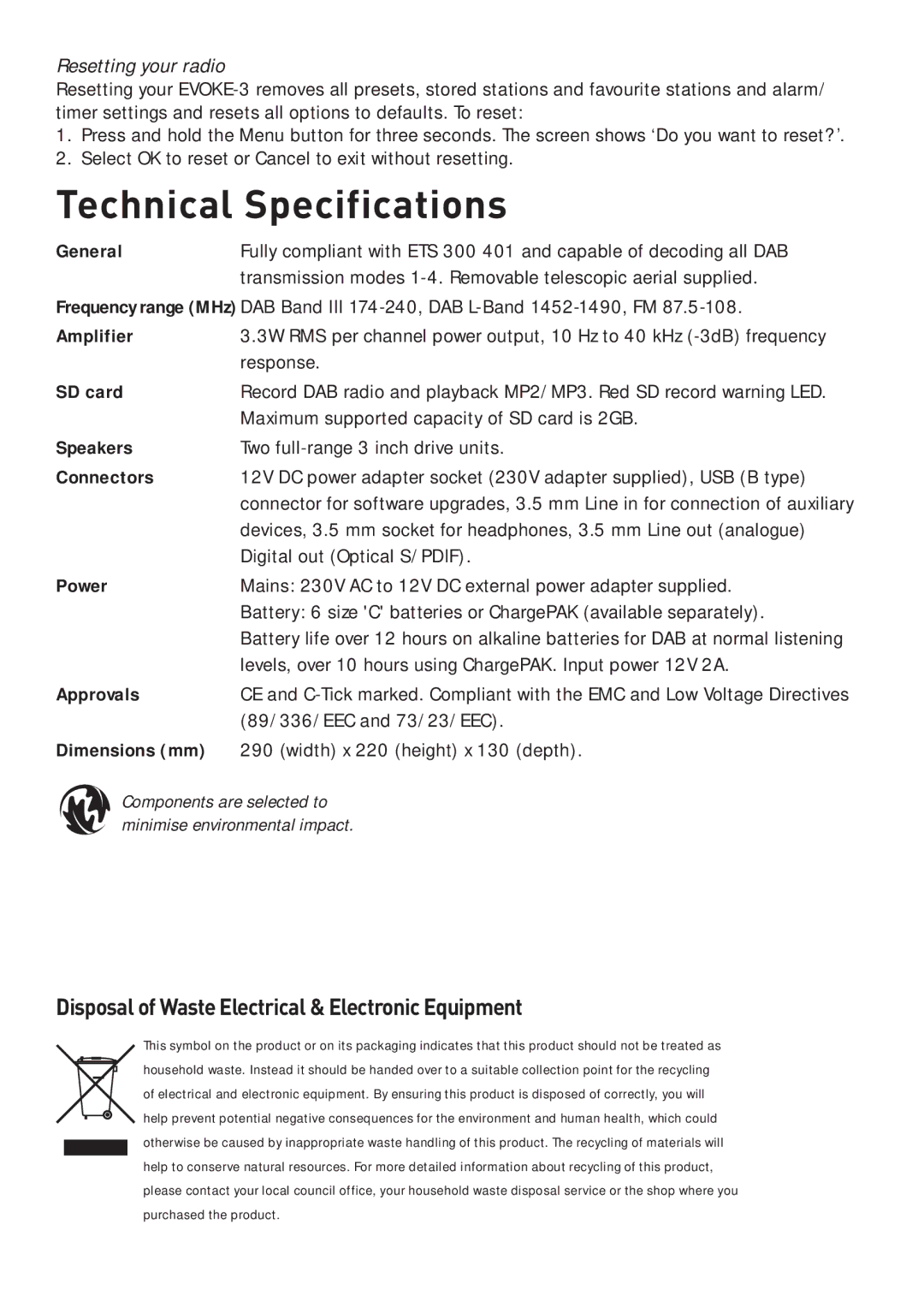 Pure Digital EVOKE-3 owner manual Technical Specifications 