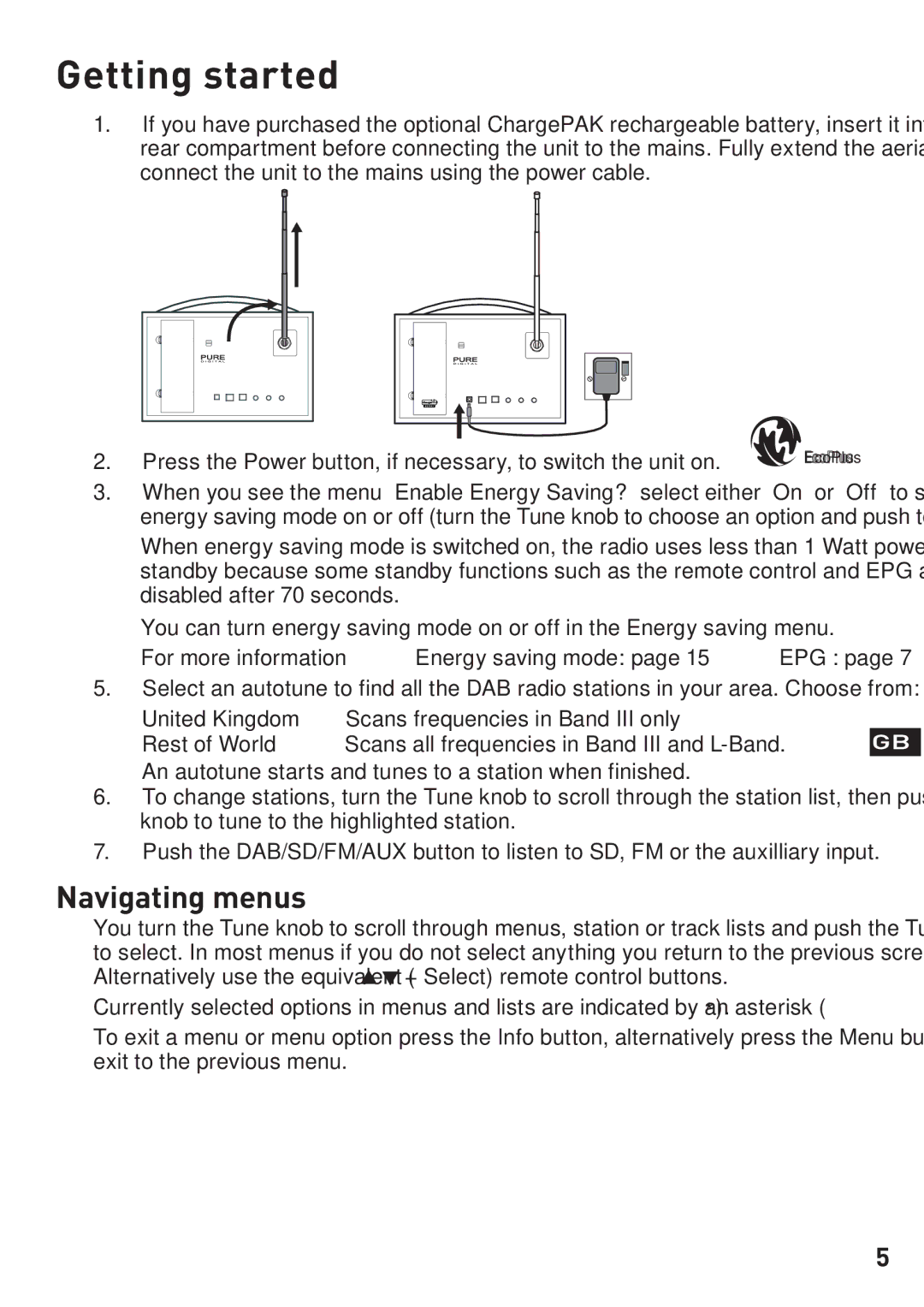 Pure Digital EVOKE-3 owner manual Getting started, Navigating menus 