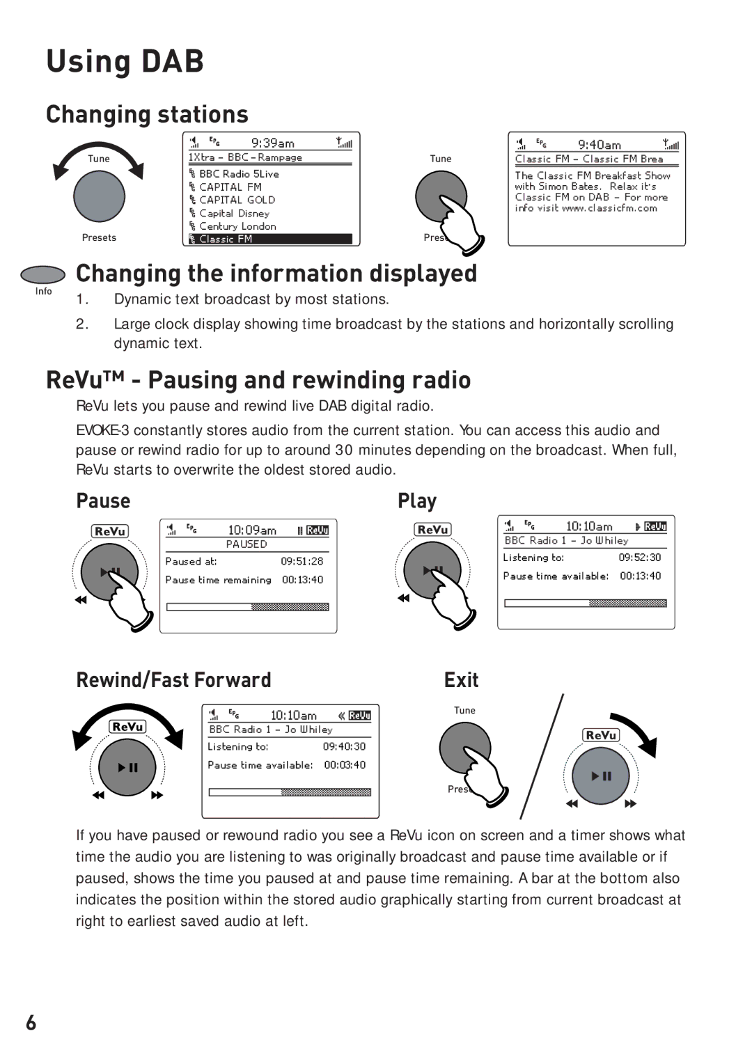 Pure Digital EVOKE-3 Using DAB, Changing stations, Changing the information displayed, ReVu Pausing and rewinding radio 