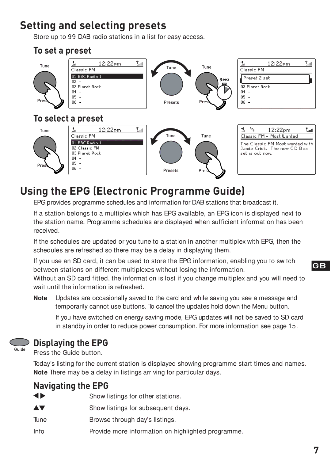 Pure Digital EVOKE-3 owner manual Setting and selecting presets, Using the EPG Electronic Programme Guide 