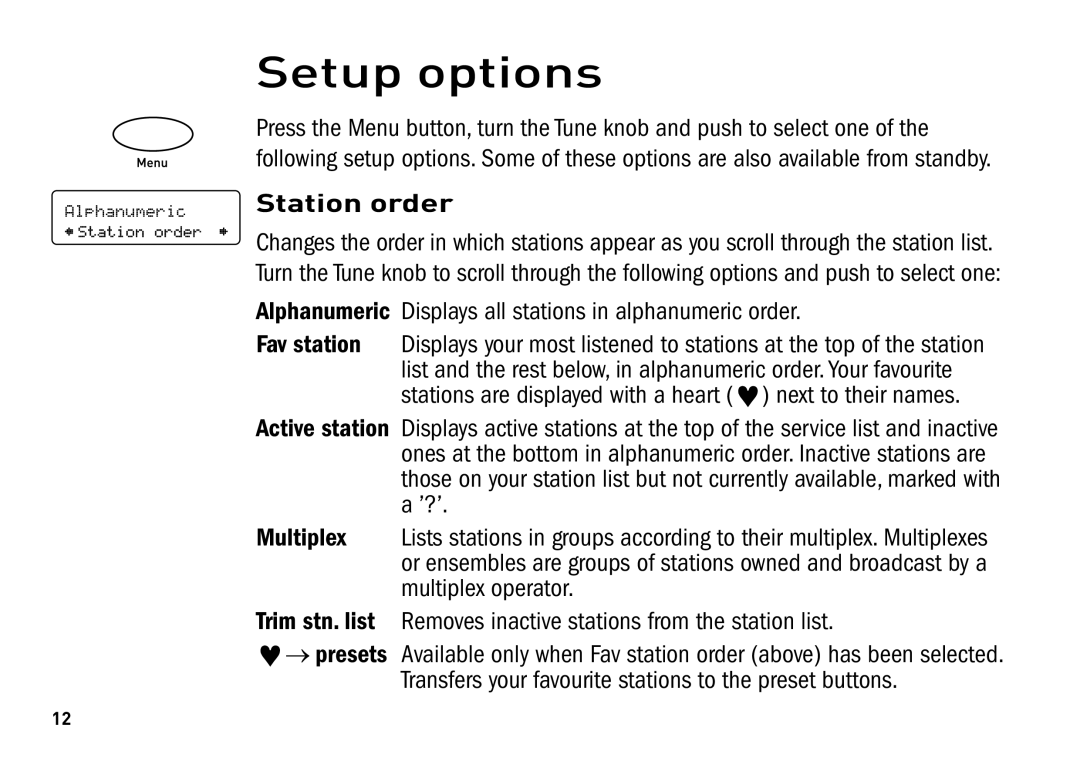 Pure Digital SONUS-1XT manual Setup options, Station order, Alphanumeric Displays all stations in alphanumeric order 