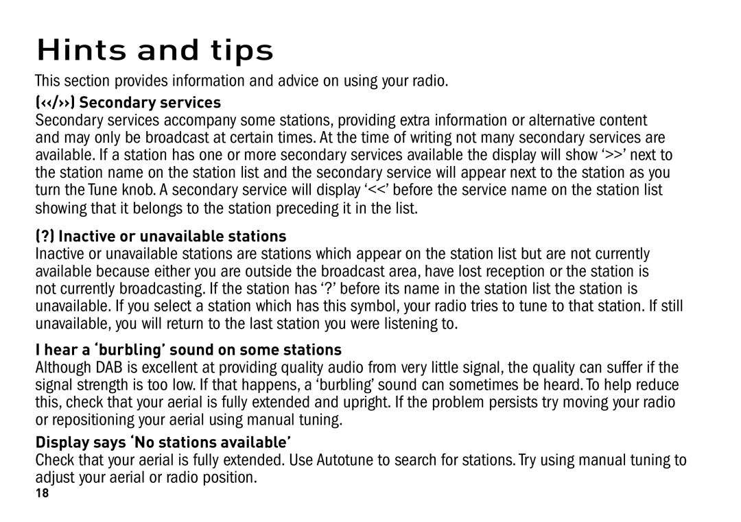 Pure Digital SONUS-1XT manual Hints and tips, ‹‹/›› Secondary services 