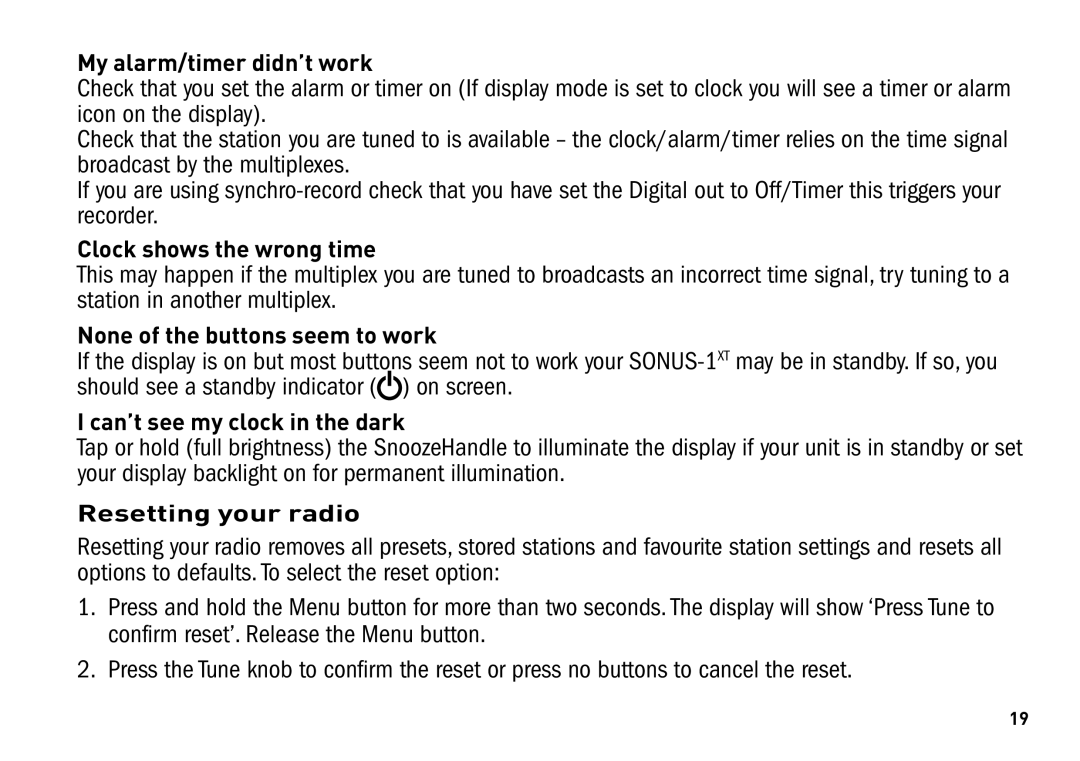 Pure Digital SONUS-1XT manual My alarm/timer didn’t work 