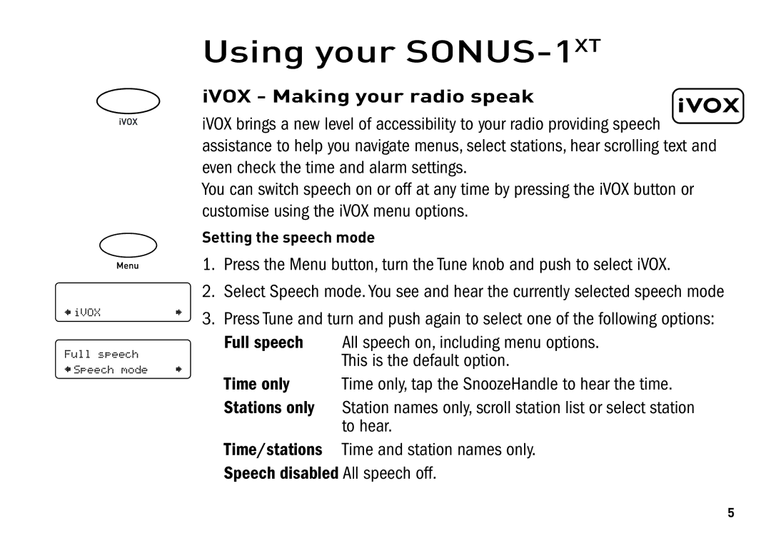 Pure Digital manual Using your SONUS-1XT, IVOX Making your radio speak, Stations only, To hear 