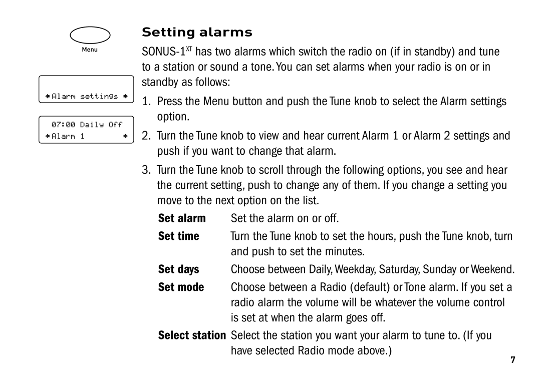 Pure Digital SONUS-1XT manual Setting alarms 