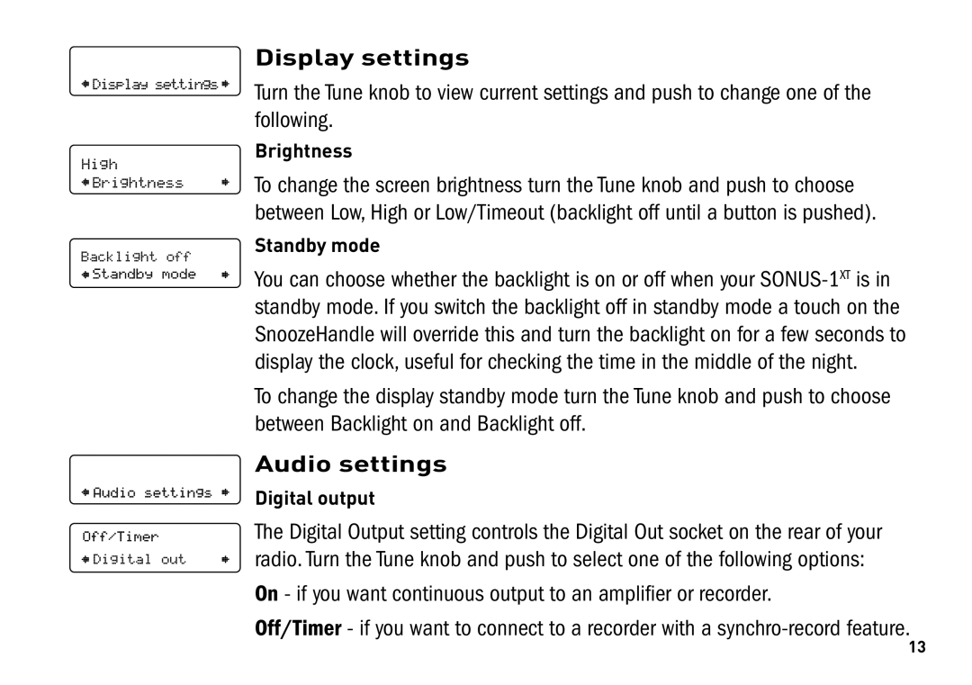 Pure Digital SONUS-1XT manual Display settings, Audio settings 