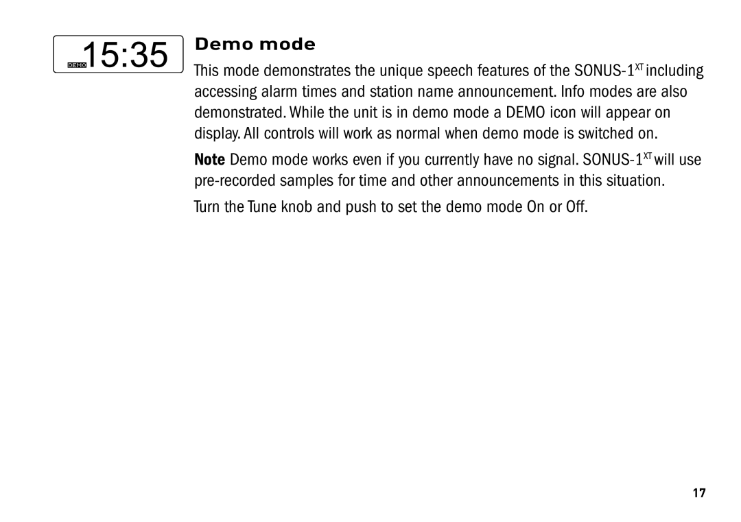 Pure Digital SONUS-1XT manual Demo mode, Turn the Tune knob and push to set the demo mode On or Off 