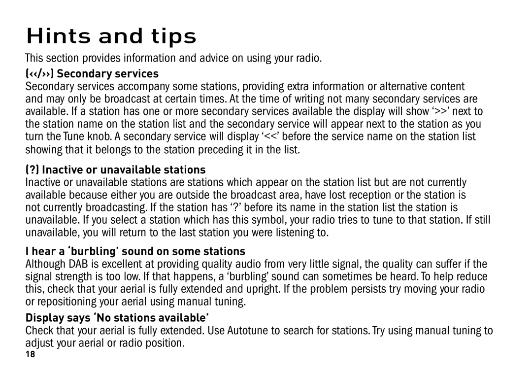 Pure Digital SONUS-1XT manual Hints and tips, ‹‹/›› Secondary services, ? Inactive or unavailable stations 